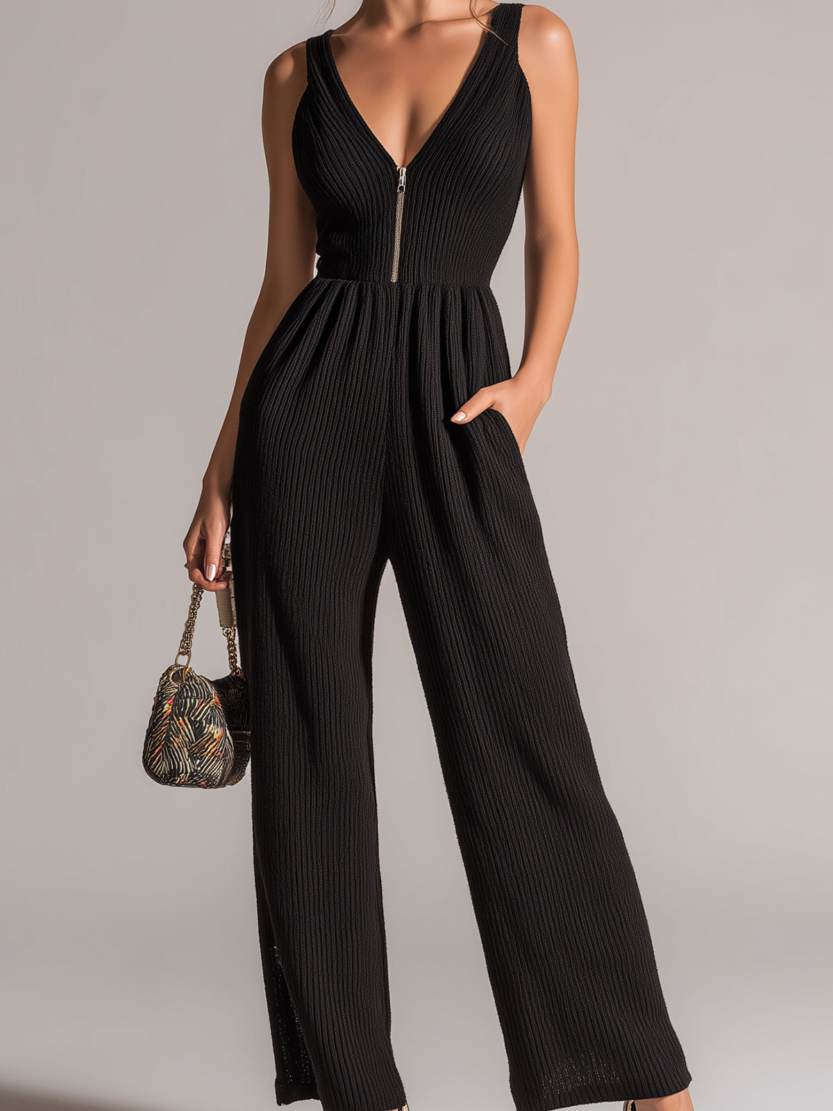 Chic Elegant Black Zipper-Up V-Neck Sleeveless Tailored Waist Wide-Leg Ribbed Knit Jumpsuit