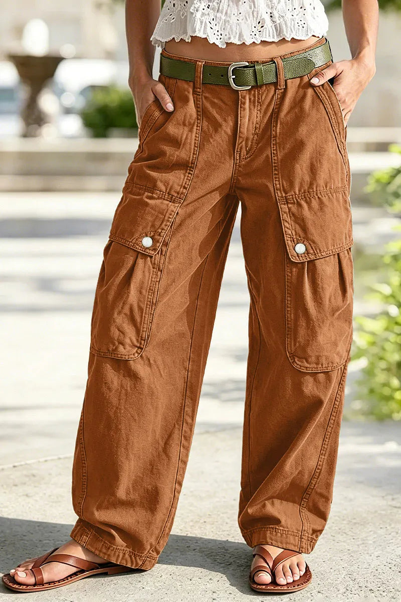 Solid Flap Pocket Mid Rise Wide Leg Cargo Pants Without Belt