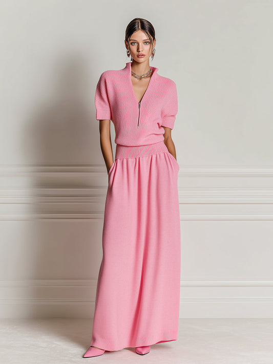 Chic Vintage Pink Zipper-Up V-Neck Short-Sleeve Loose-Fit Sweater A-Line Maxi Dress Knit Two-Piece Set