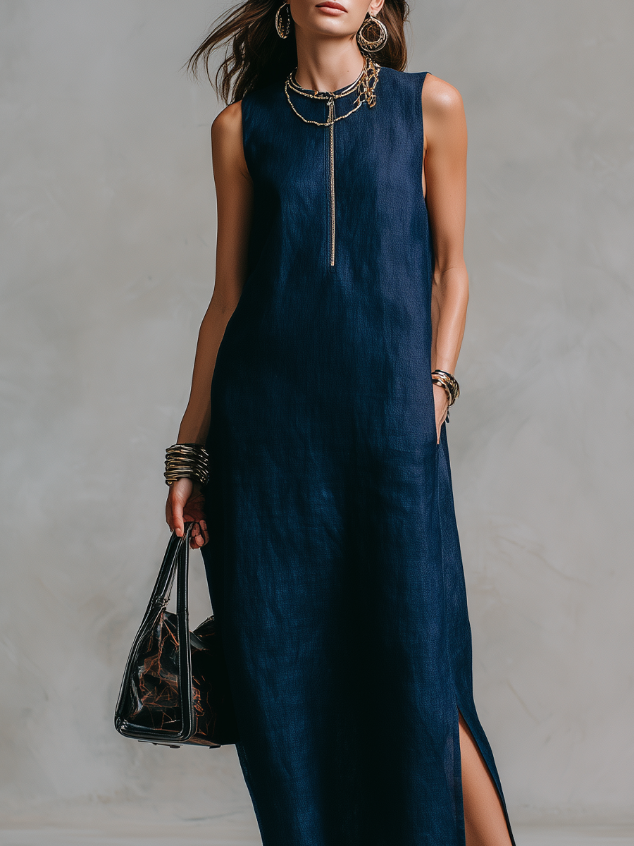 Robe longue décontractée en lin bleu nuit avec fermeture éclair