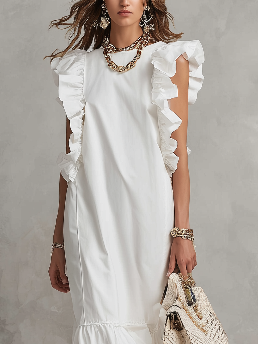 Robe longue blanche élégante à volants style resort