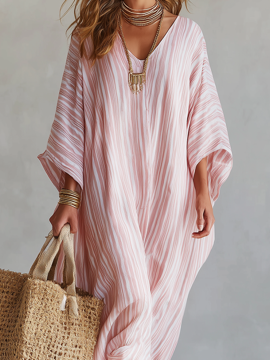 Robe Kaftan Rayée Rose Pâle Style Bohème