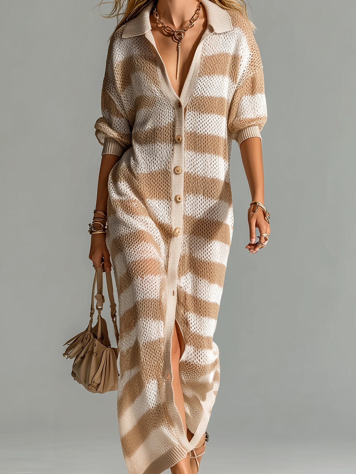 Chic Elegant Camel-Beige Stripes Lapel Collar Single-Breasted Short-Sleeve Loose-Fit Mesh Knit Maxi Dress
