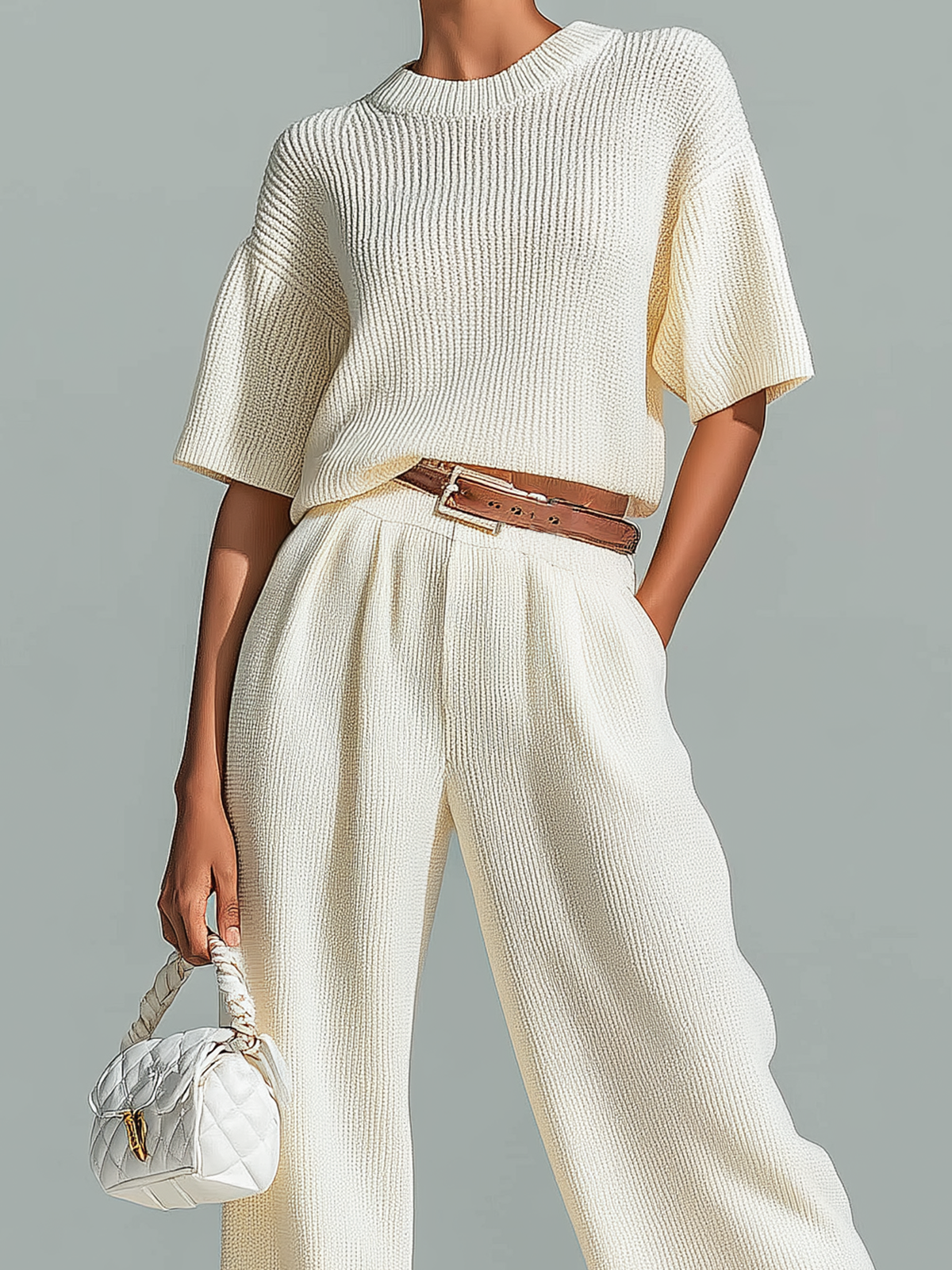 Stylish Elegant White Crew Neck Short-Sleeve Loose-Fit Sweater Waist Belted Wide-Leg Pants Ribbed Knit Two-Piece Set