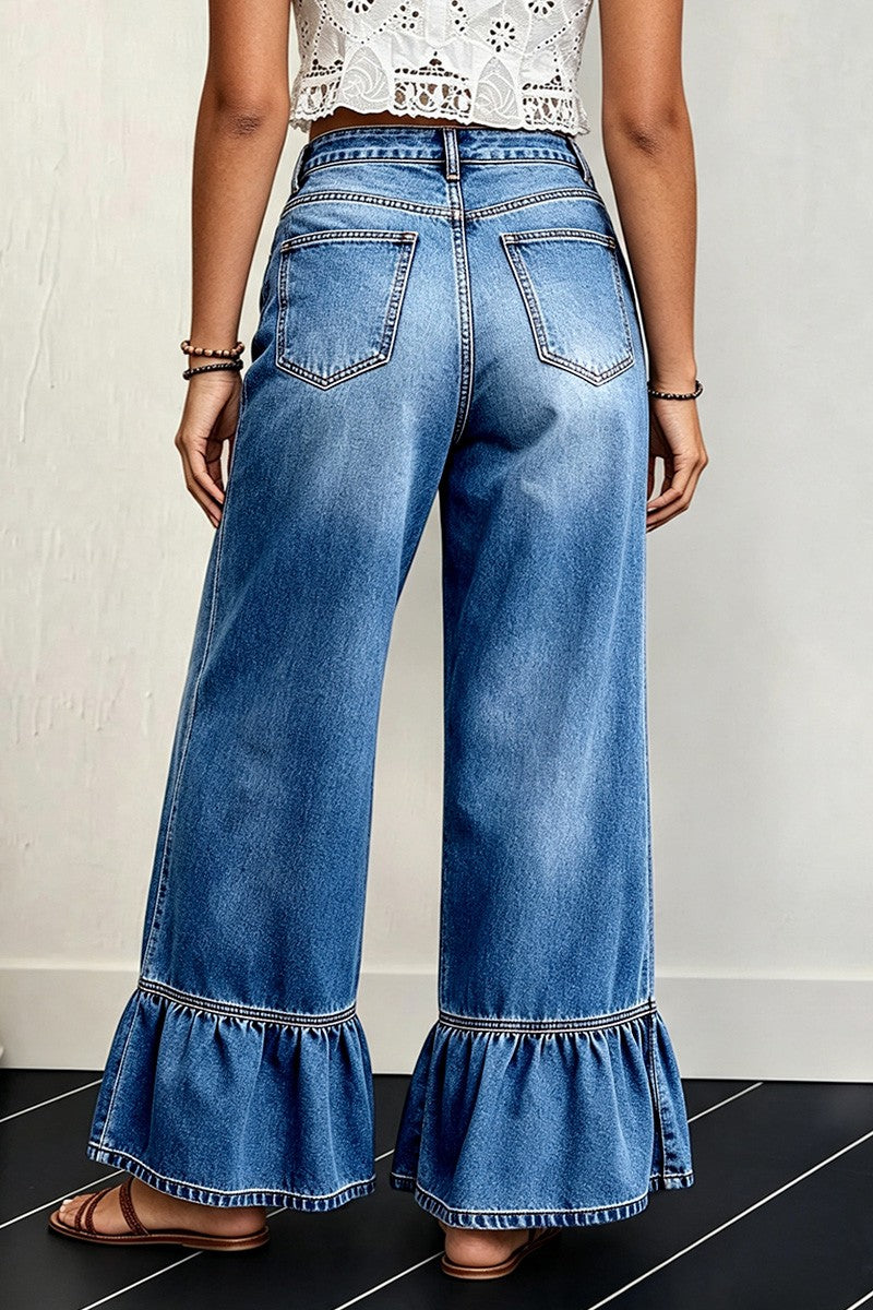 Wash Ruffle Hem High Waist Wide Leg Jeans