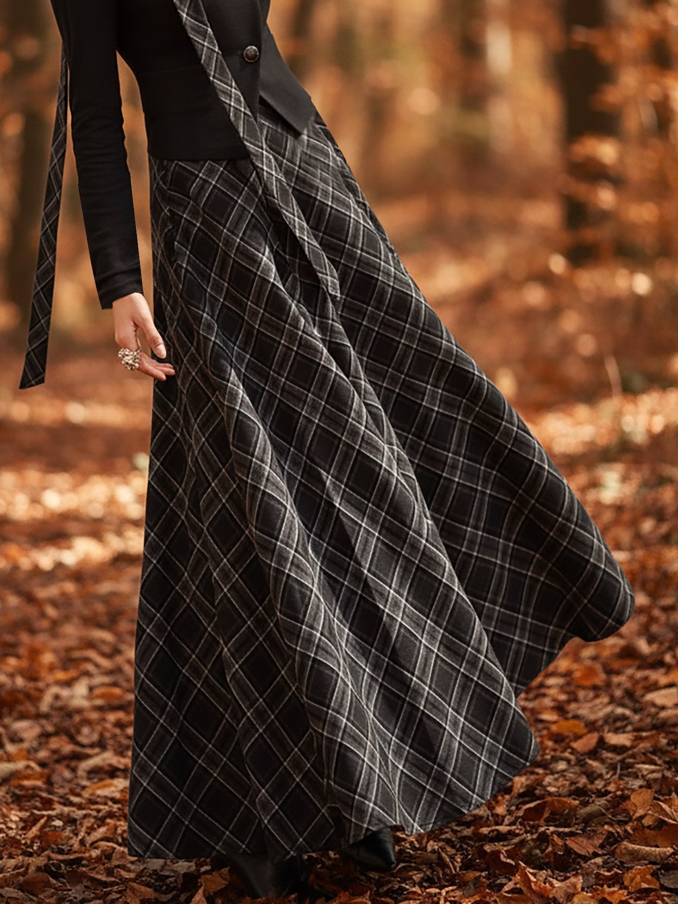 Robe longue en lin, sans manches, col montant, à carreaux, vintage, noire