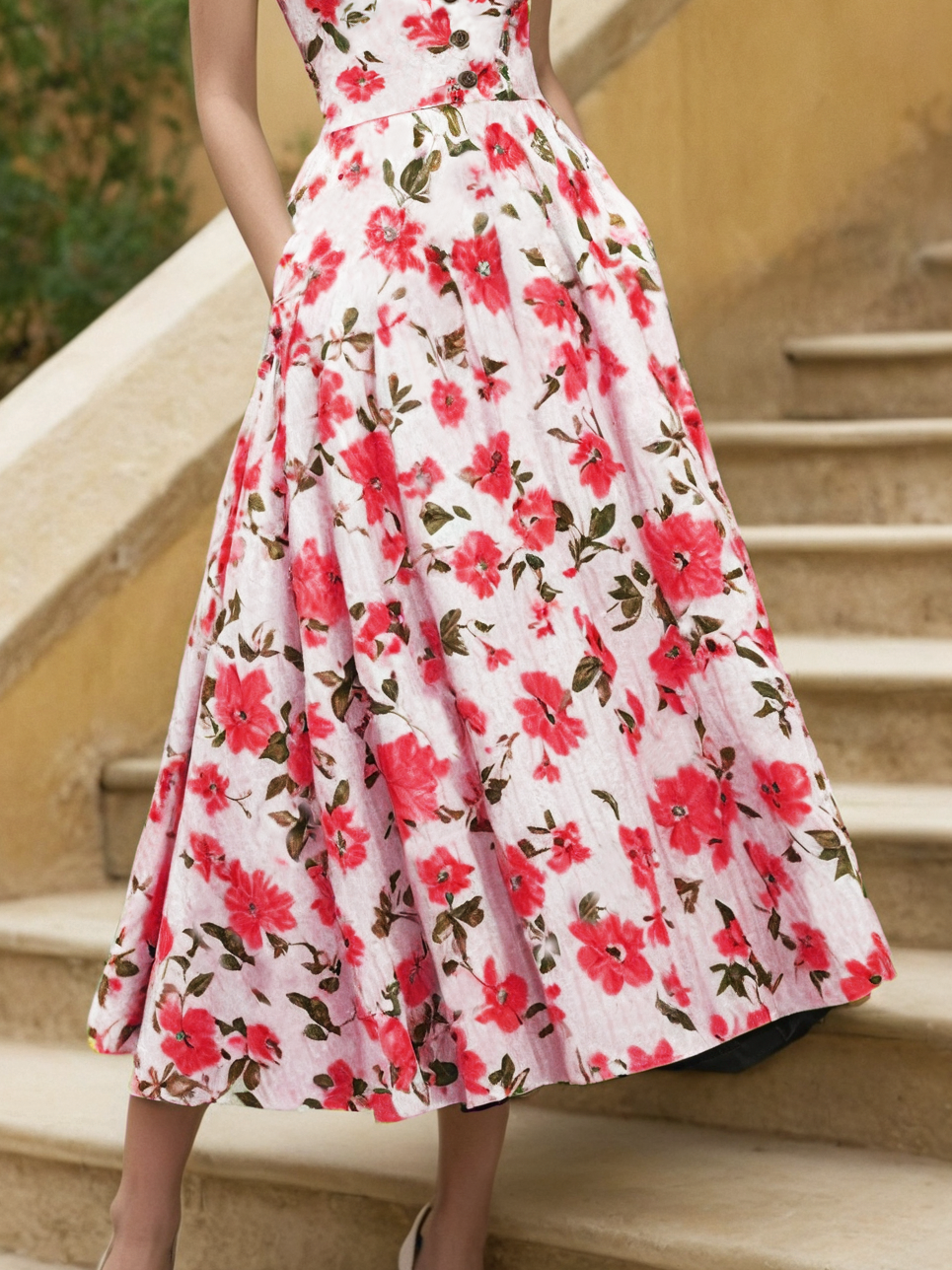 Robe midi en lin, manches courtes, encolure en cœur, florale, vintage, rouge