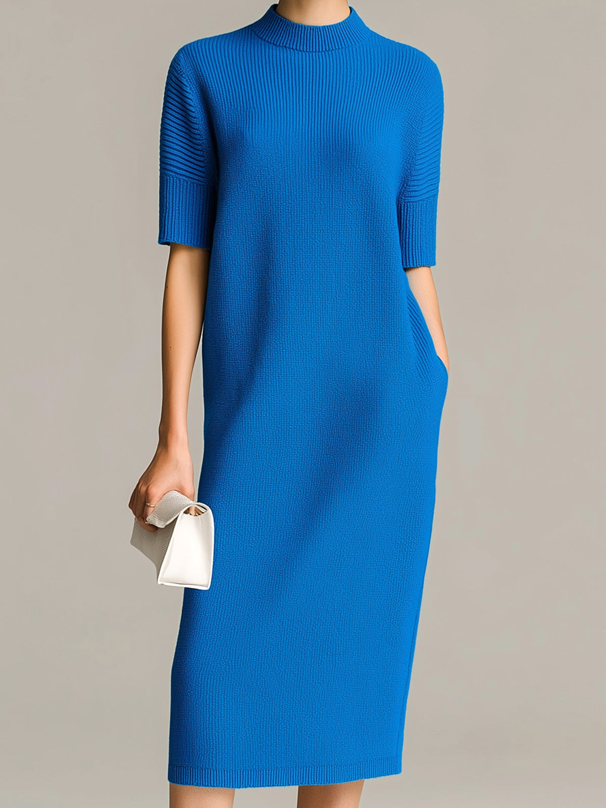 Chic Vintage Royal Blue Round Neck Short-Sleeve Loose-Fit Ribbed Knit Midi Dress