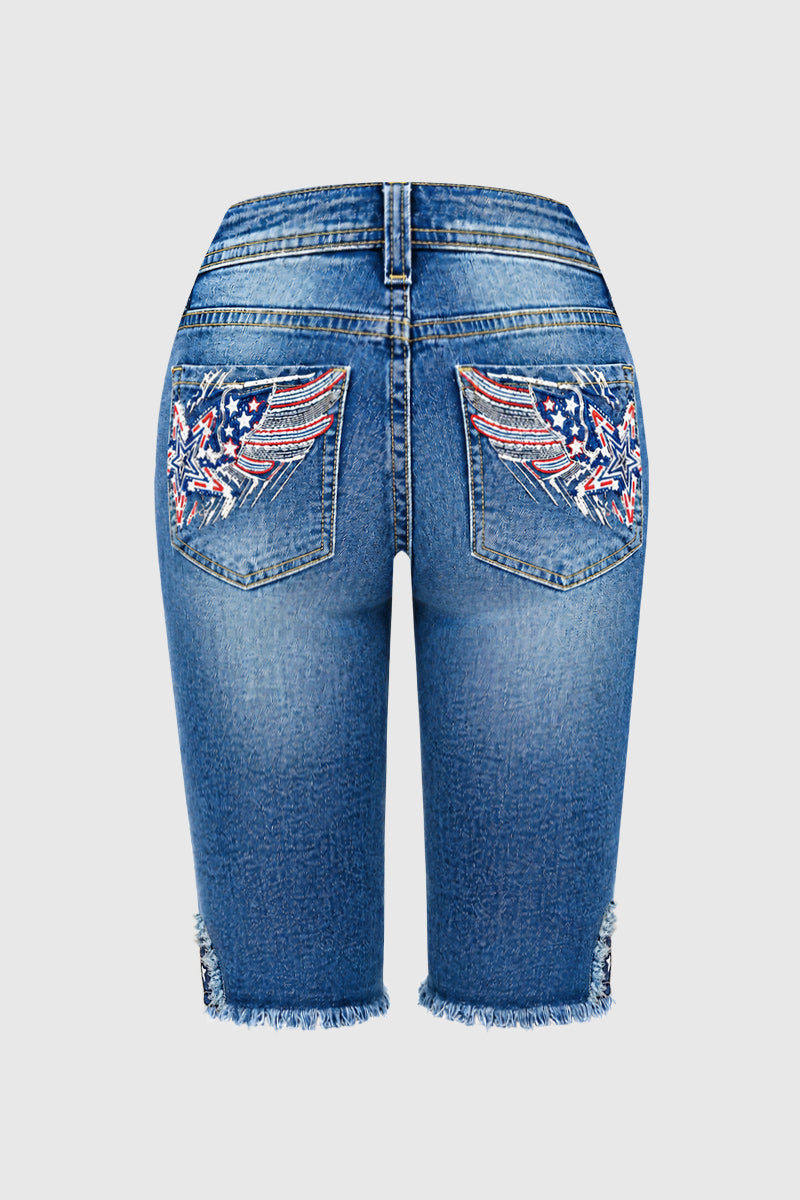Wash Star Embroidery Raw Hem Mid Waist Denim Bermuda Shorts