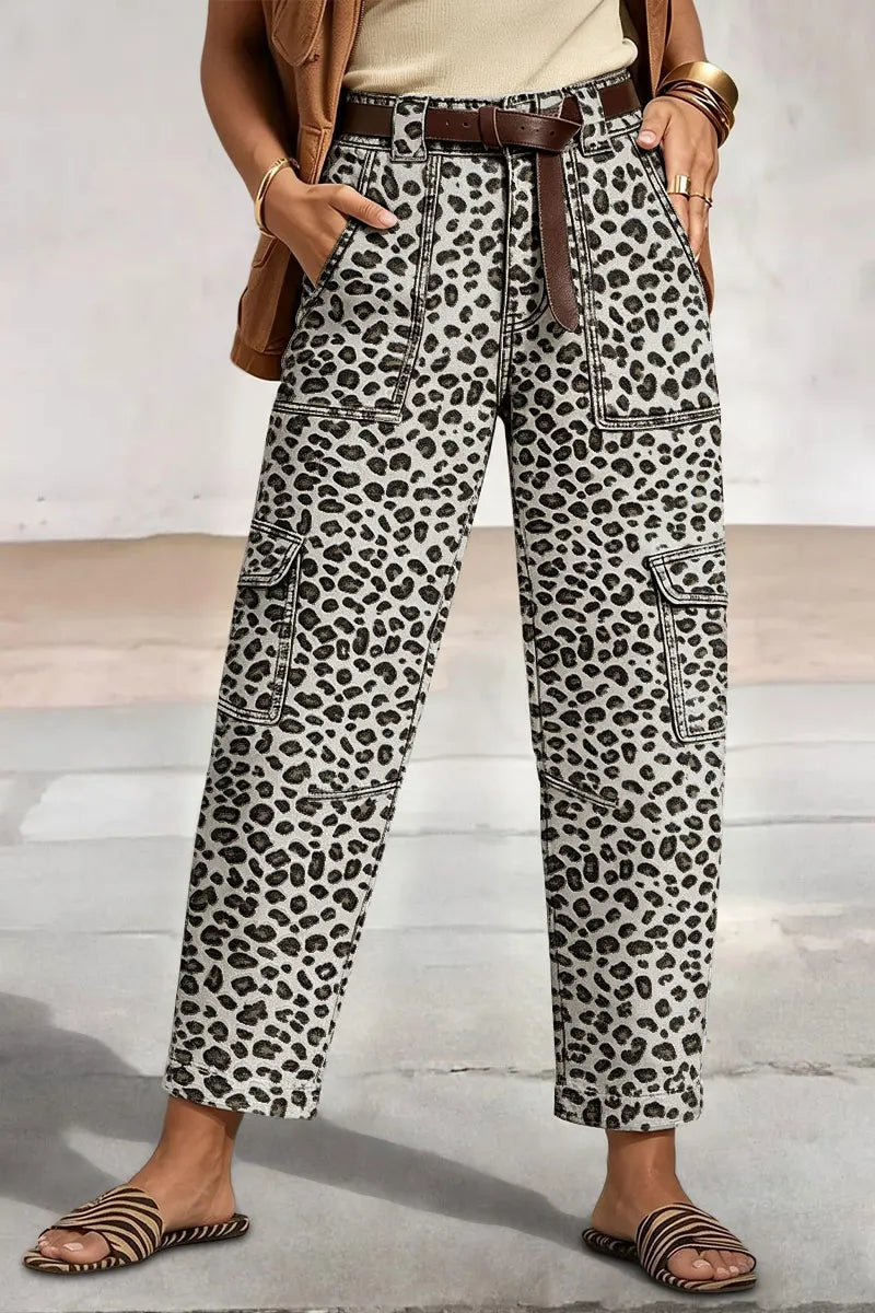 Leopard Print Flap Pocket High Waist Tapered Cargo Crop Pants Without Belt