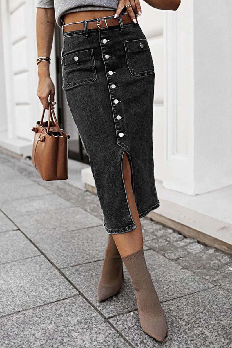 Wash Split Hem Button Up Midi Denim Skirt Without Belt