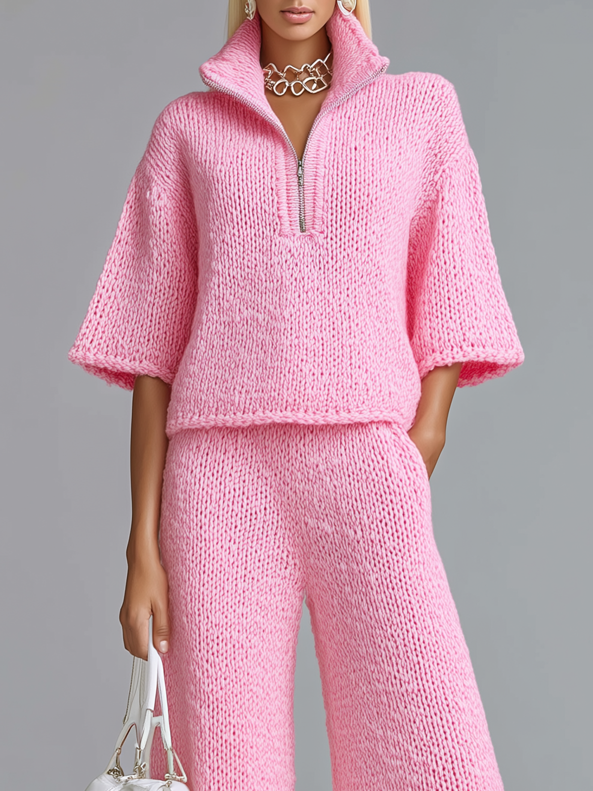 Stylish Elegant Barbie Pink Lapel Seven-Quarter Sleeve Half-Zip Loose Sweater And Wide-Leg Pants Two-Piece Set