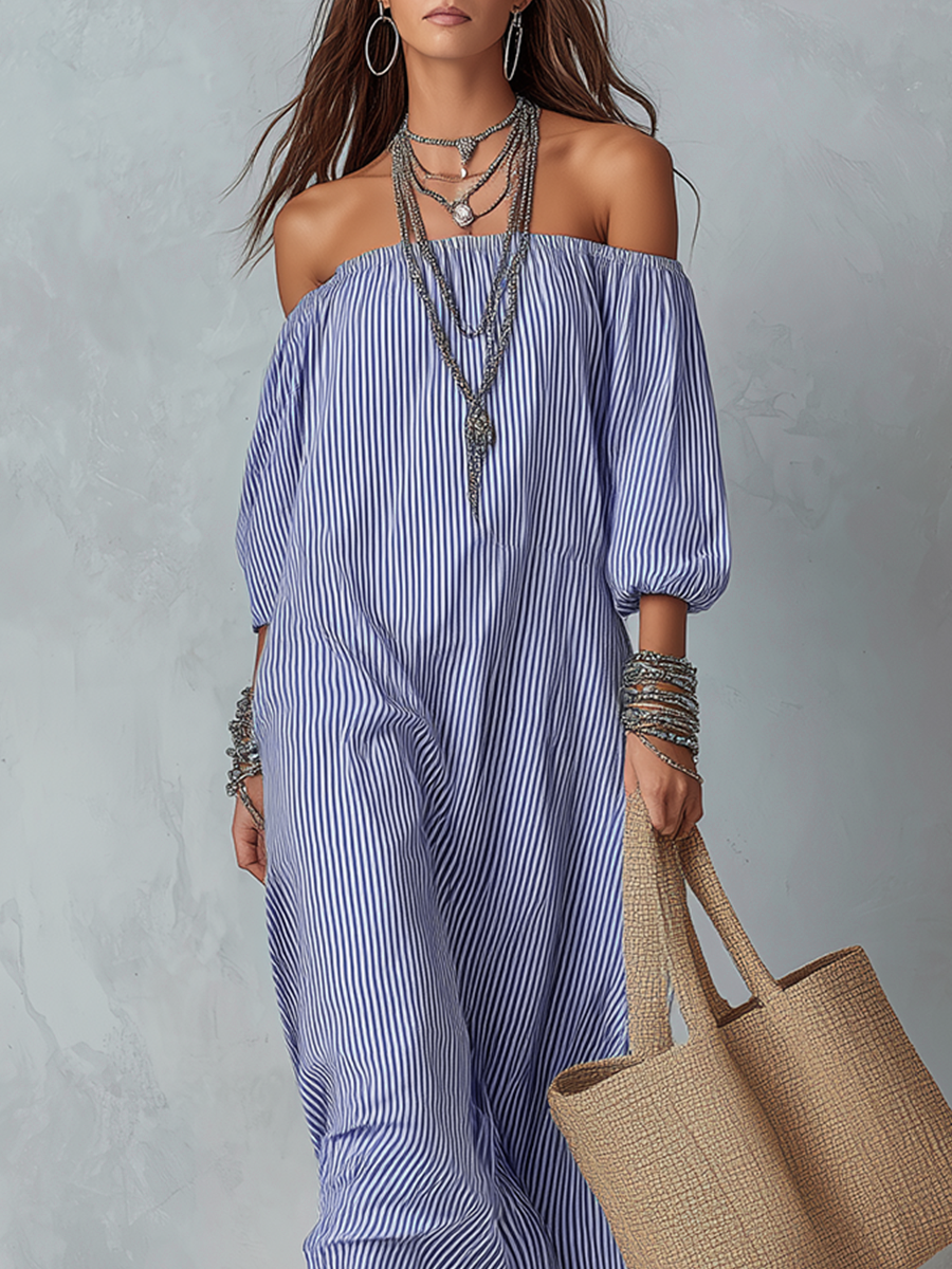 Robe de plage ample rayée bleue et blanche, coupe Bardot