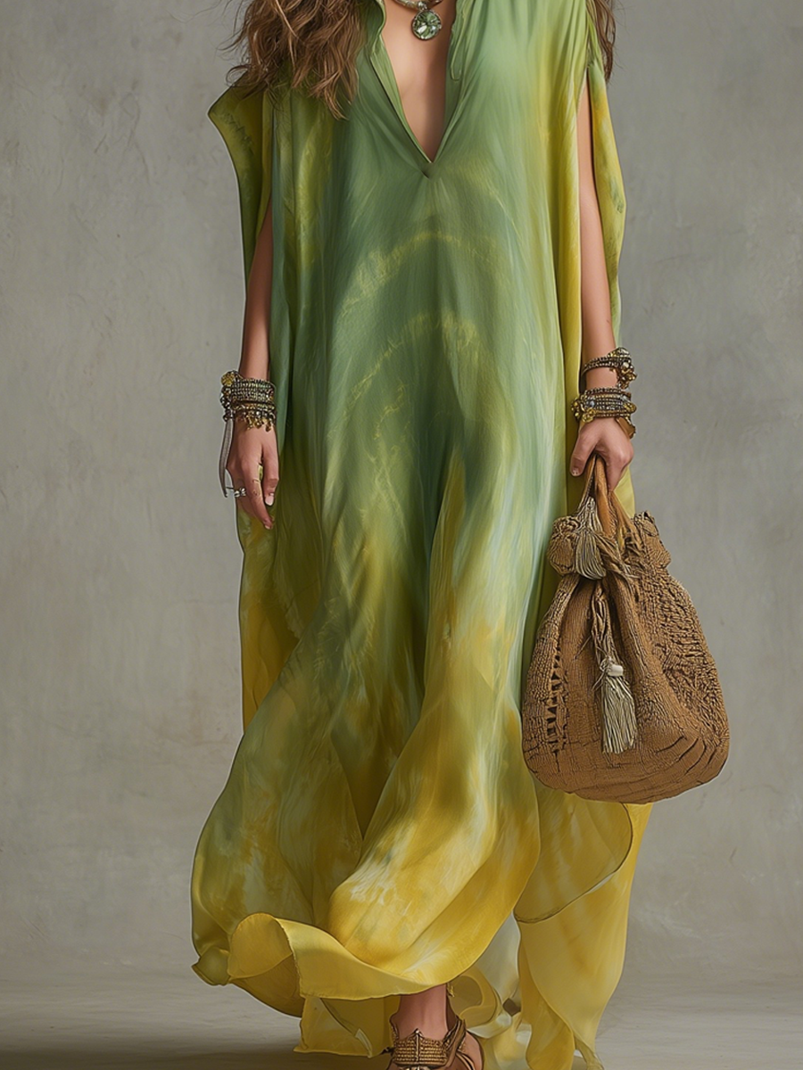 Robe longue fluide légère dégradée de vert
