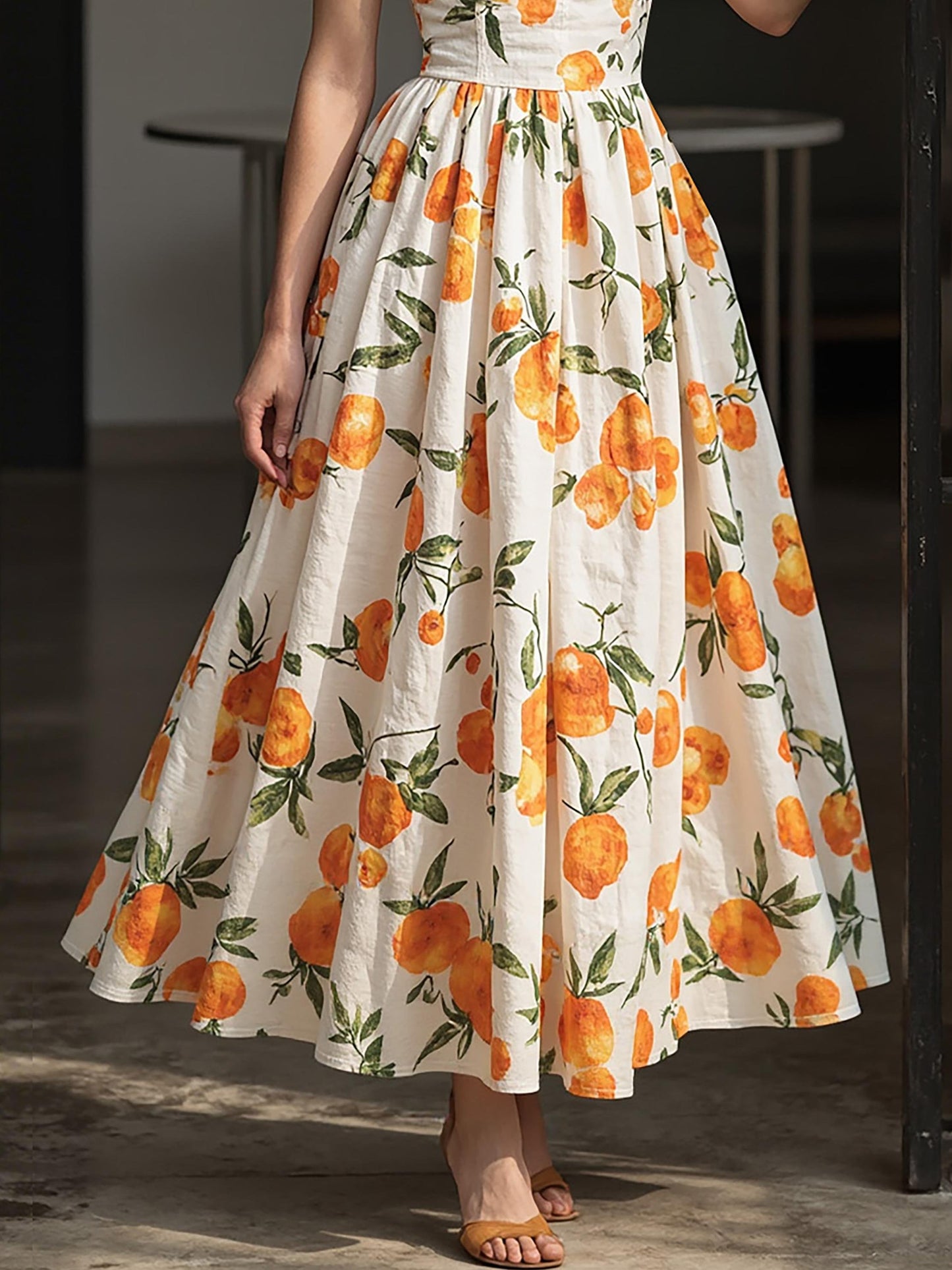 Robe longue en lin, sans manches, encolure en cœur, imprimé fruits, vacances, vintage français, orange
