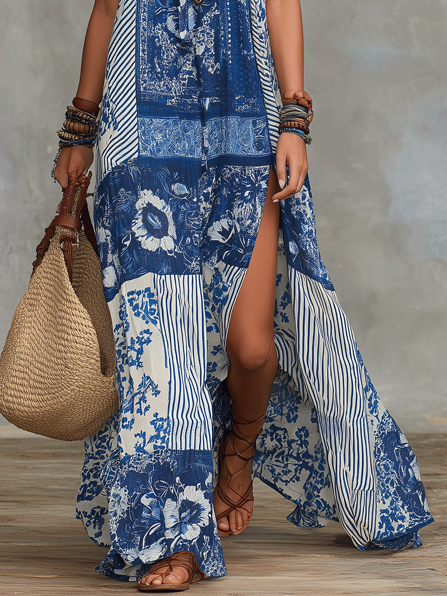 Robe longue fendue bohème chic à motif floral bleu