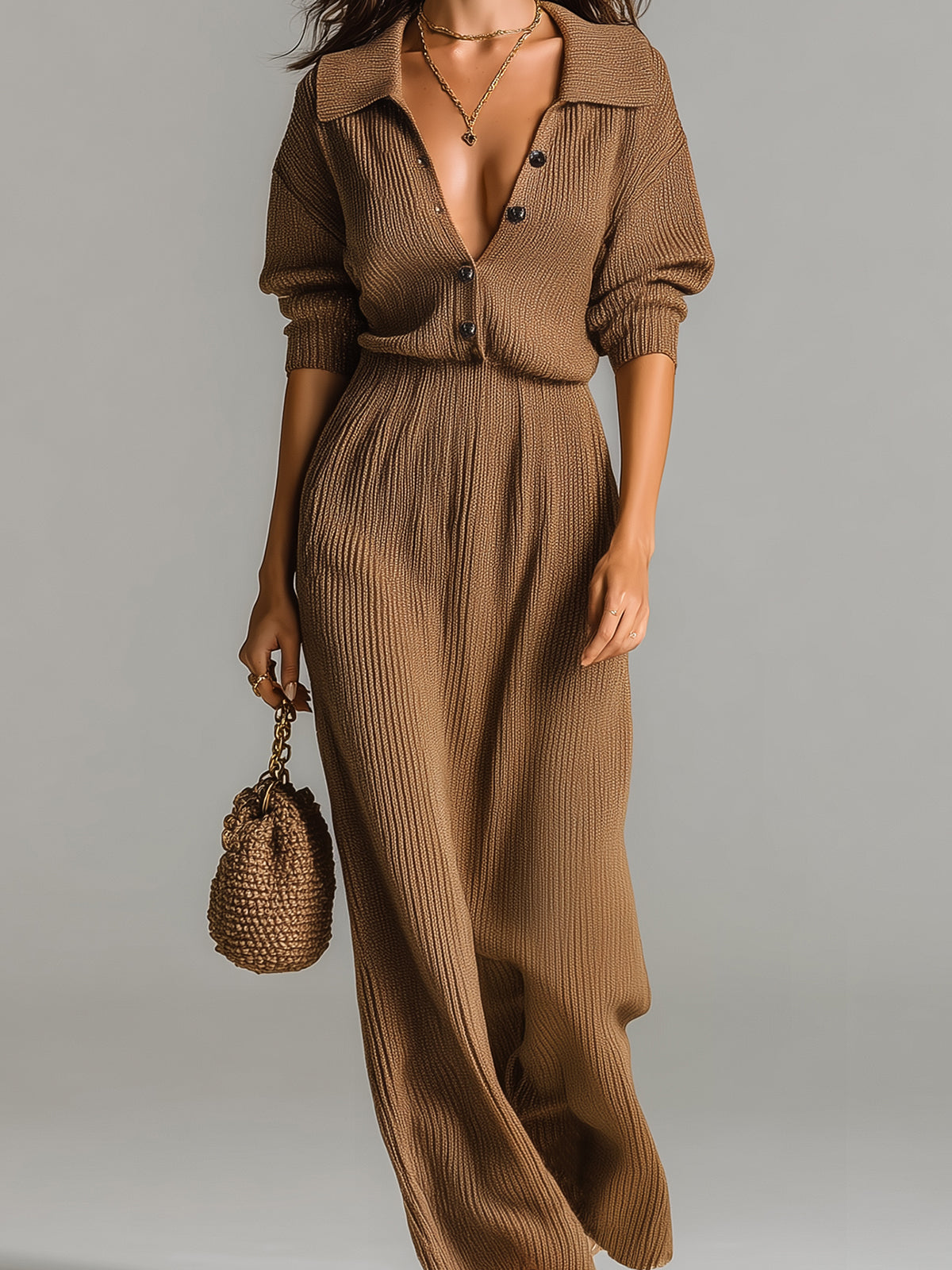 Chic Elegant Brown Button-Up Lapel Collar Half-Sleeve Elastic Waist Loose Fit Ribbed Knit Maxi Dress