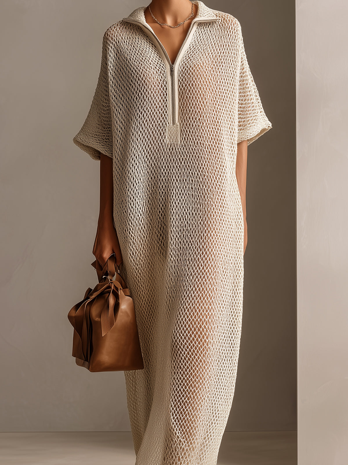 Chic Elegant Beige Zipper-Up Lapel Collar Short-Sleeve Oversize Hollow Out Knit Maxi Dress