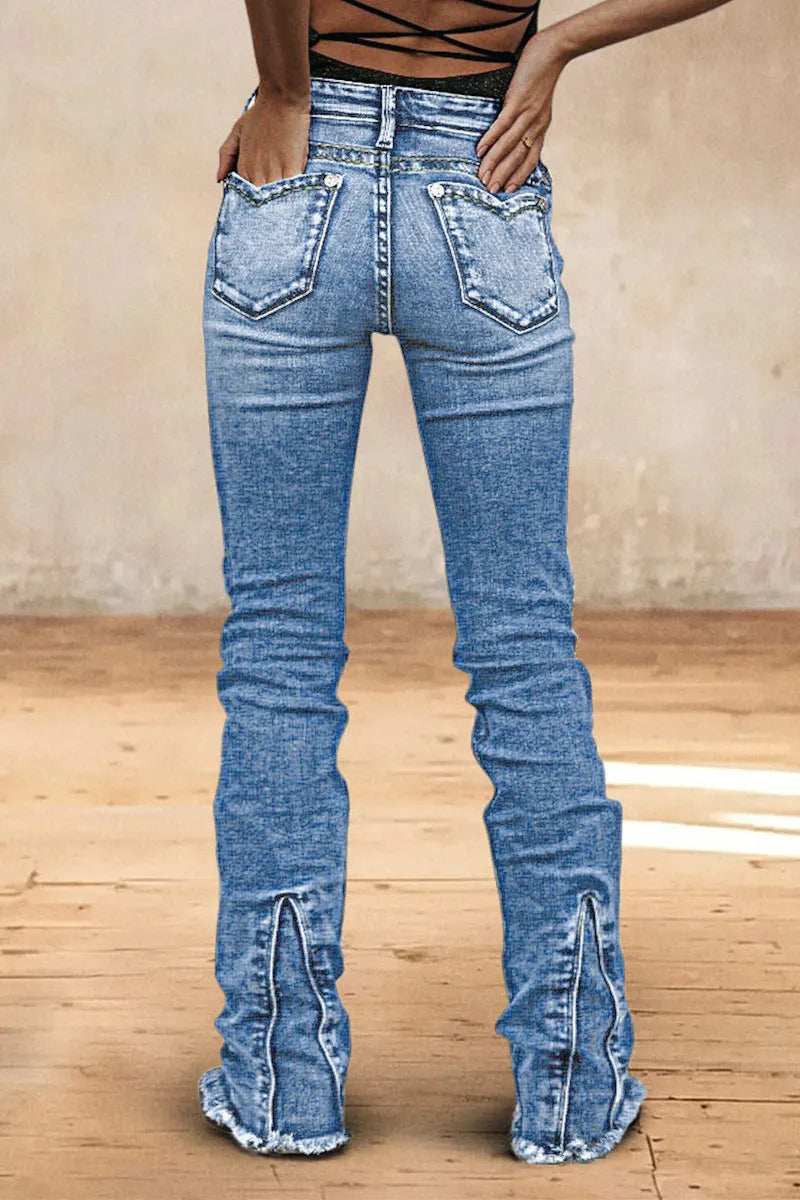 Wash Raw Hem V Cut Pocket Mid Rise Bootcut Jeans
