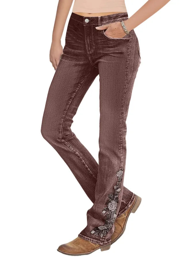 Washed Floral Embroidery Stretchy Mid Waist Bootcut Jeans