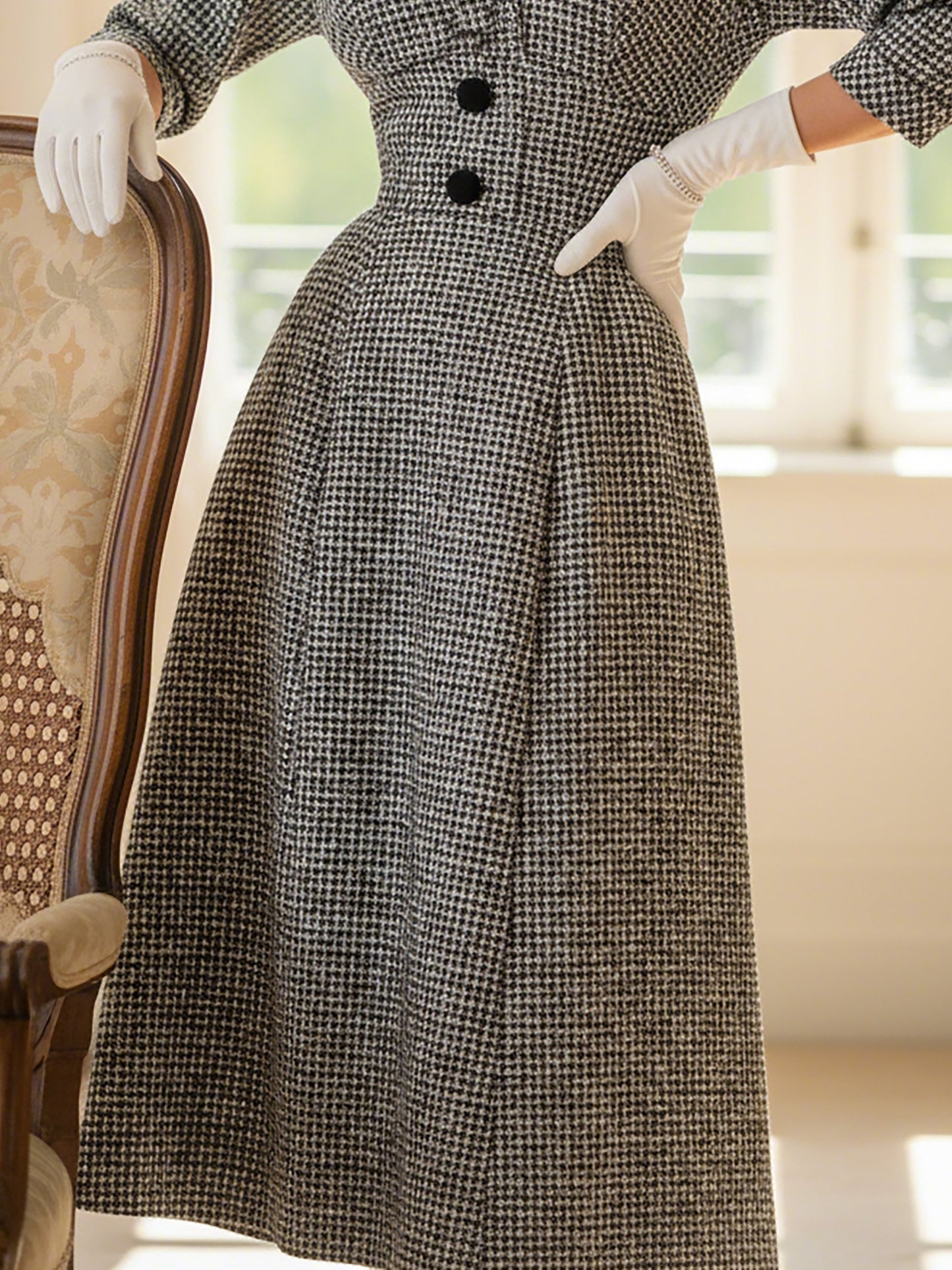 Robe midi en laine, manches courtes, col en V, à carreaux, avec ceinture, style vintage, noire