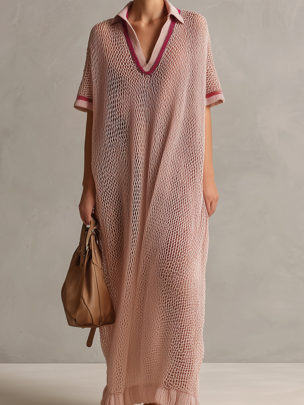 Chic Elegant Pink Lapel V-Neck Short-Sleeve Contrast Trim Detail Hollow Out Oversize Knit Maxi Dress