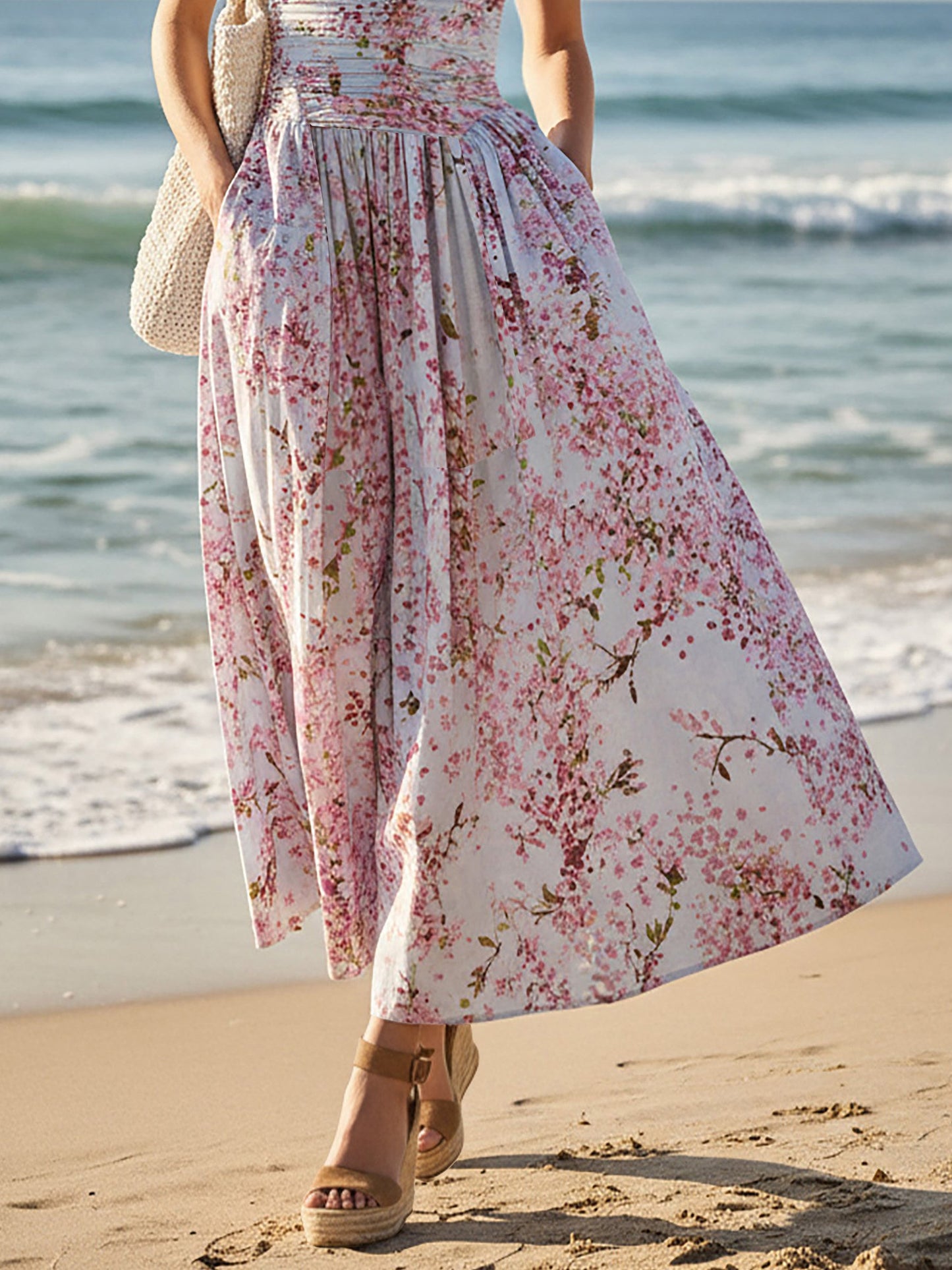 Robe longue en lin, sans manches, asymétrique, florale, vacances, vintage, rose