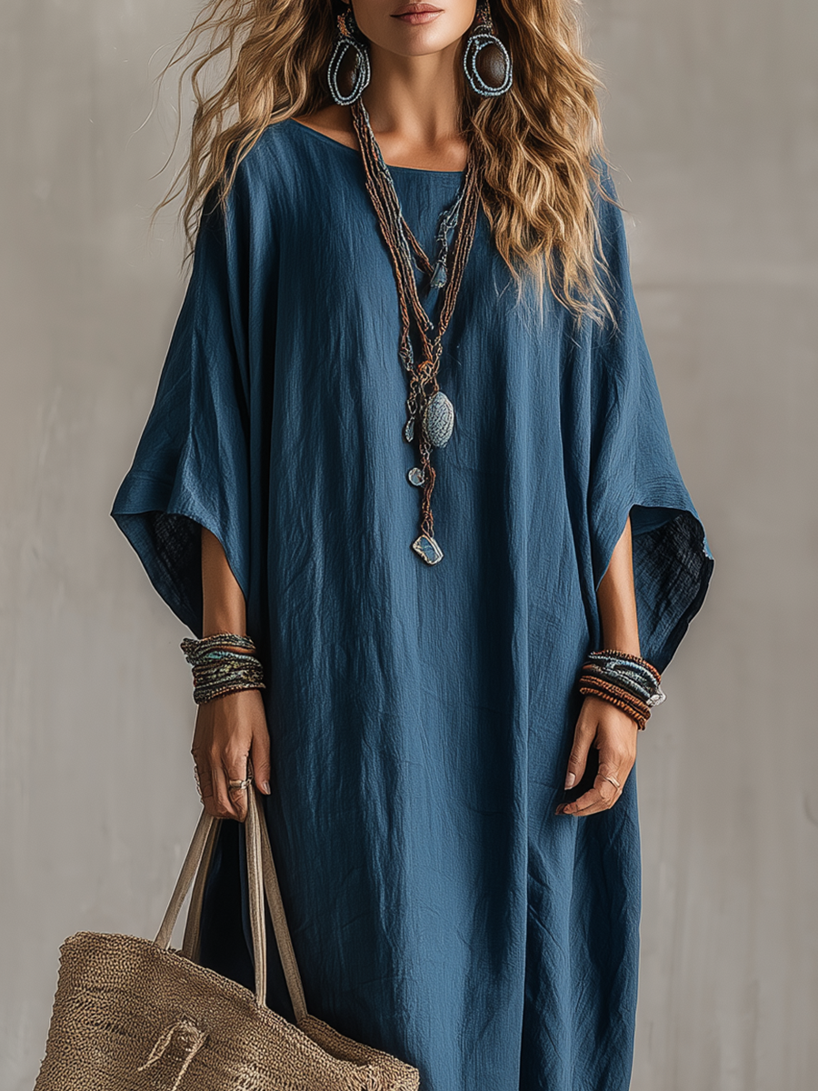 Robe longue kaftan style bohème bleu lagon