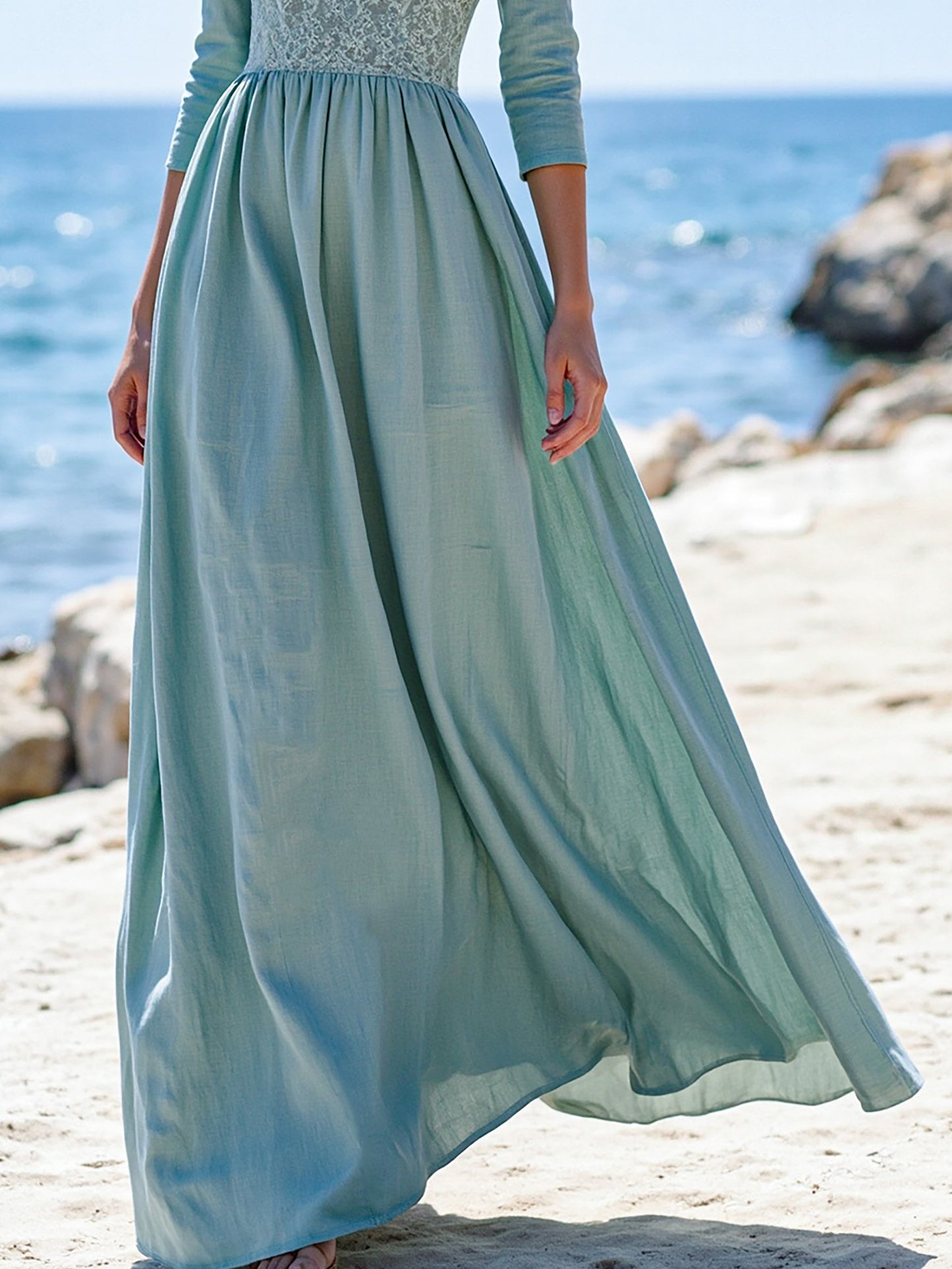 Robe longue en lin, Manches courtes, Col en V, Unie, Dentelle, Vintage, Cyan