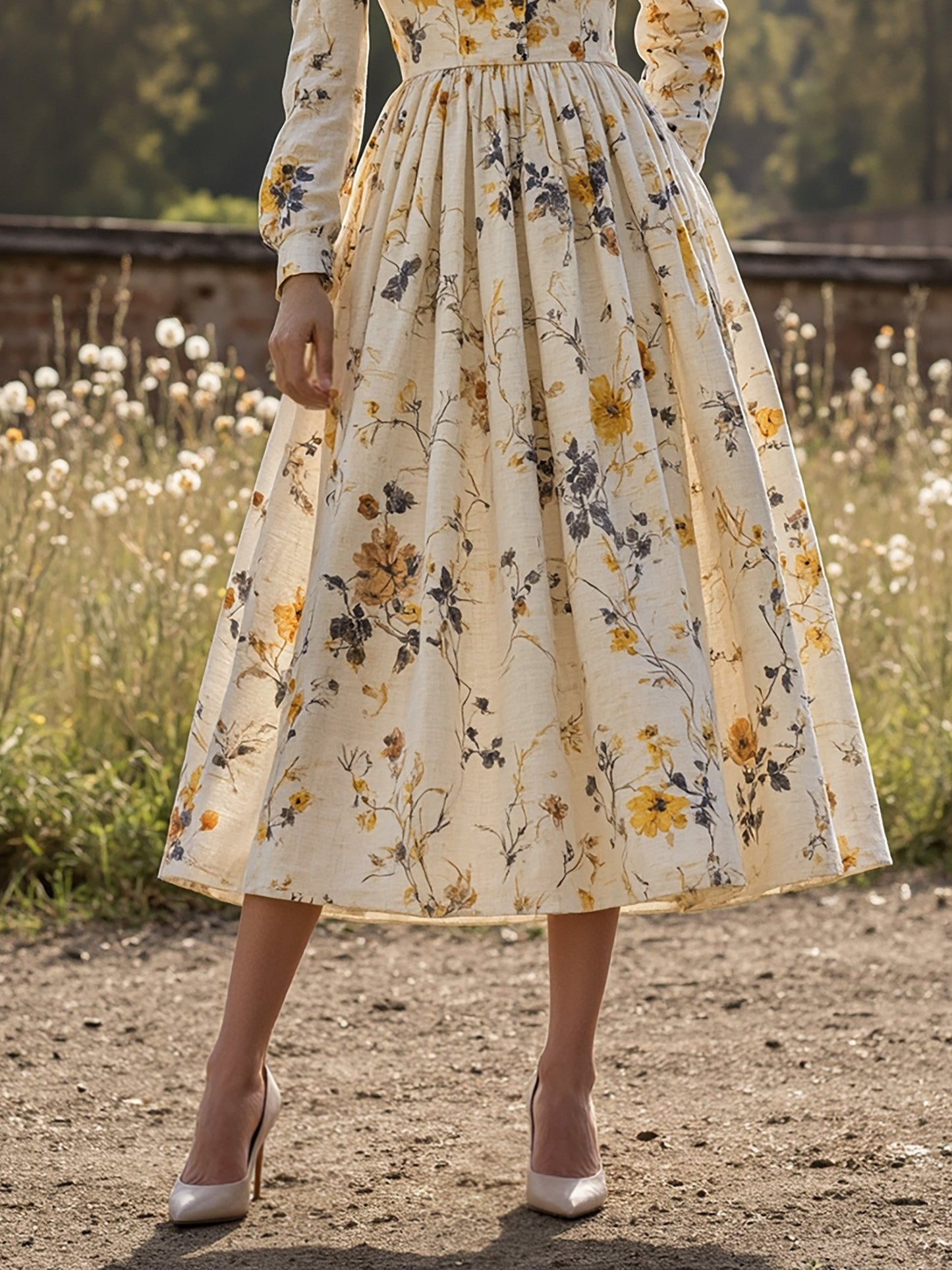 Robe midi en lin, manches longues, col en V, motif floral, boutonnée, style vintage, couleur abricot