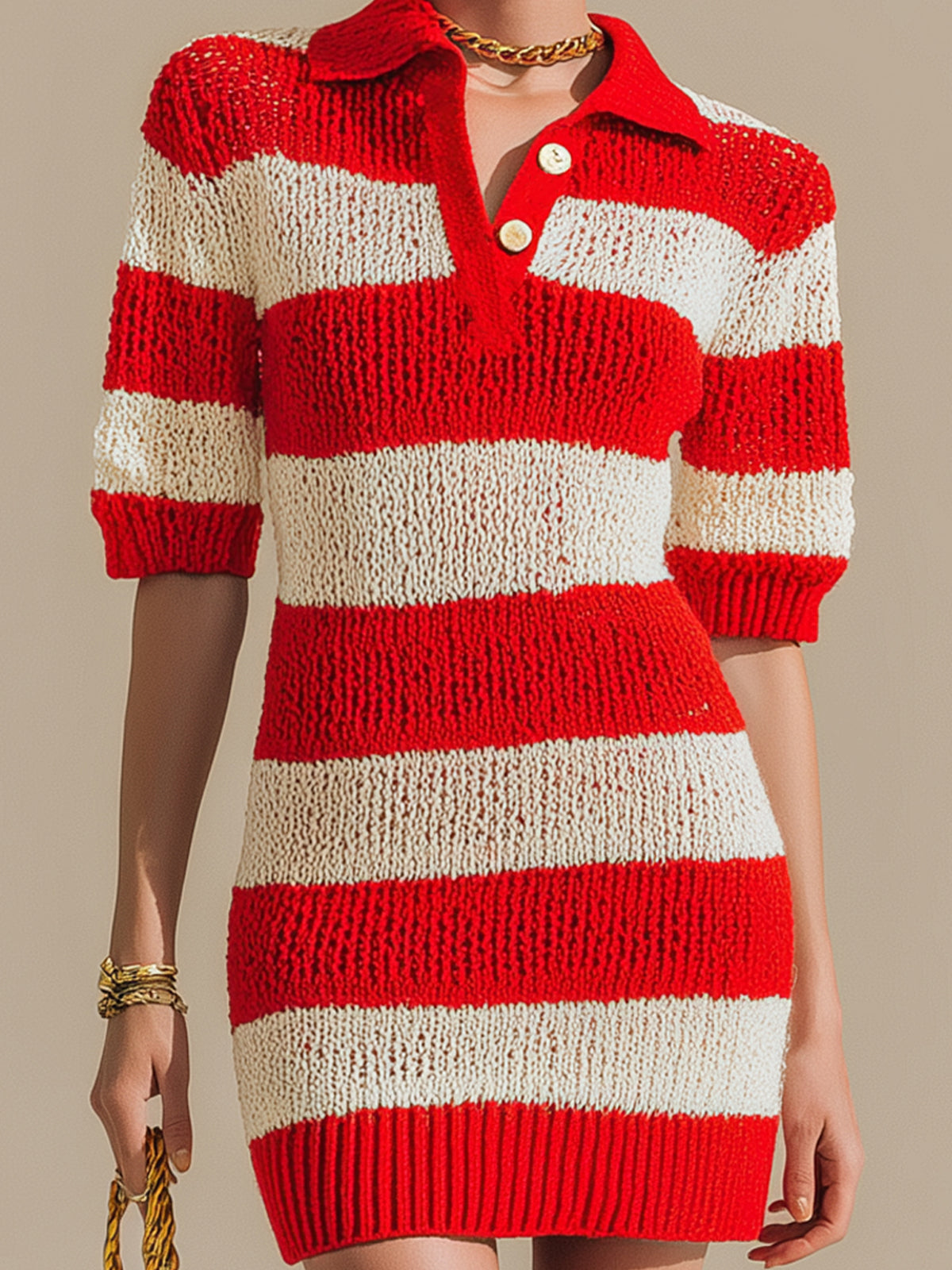 Chic Vintage Red Beige Lapel Collar Button-up Short-Sleeve Loose-Fit Knit Mini Dress