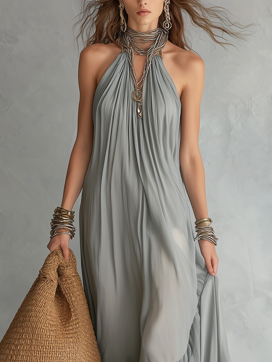Robe longue fluide dos nu bohème gris brumeux