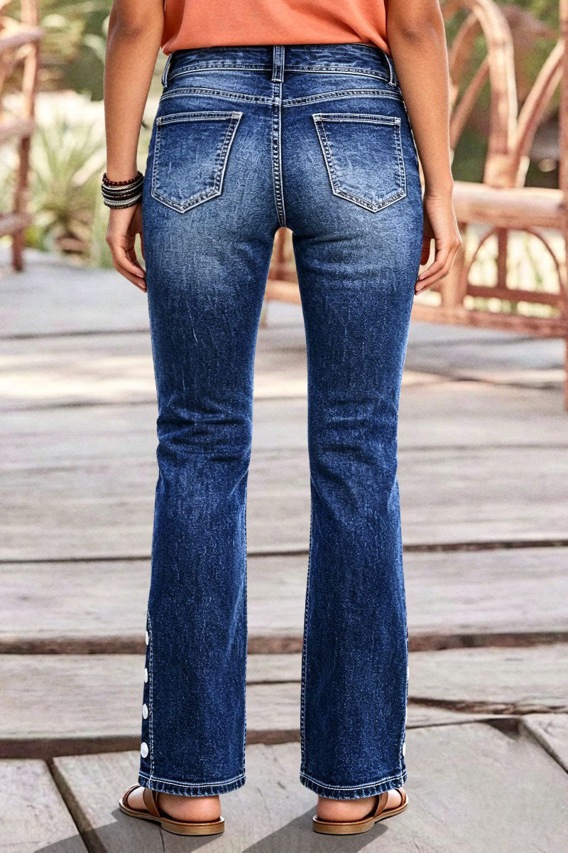 Button Detail Stitch Detail Mid Waist Bootcut Jeans