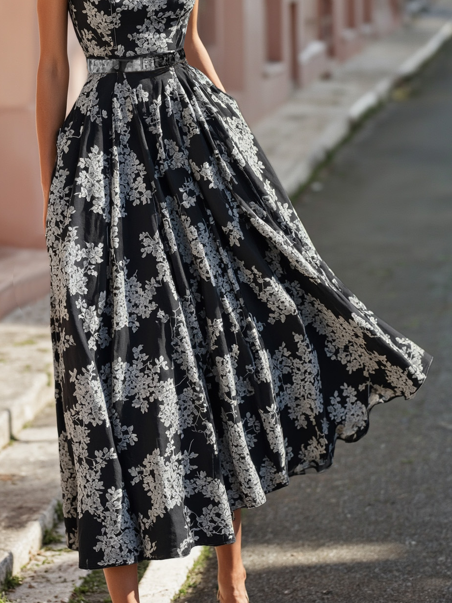 Robe longue en lin, sans manches, col rond, motif floral, ceinture, vacances, style vintage, bleue