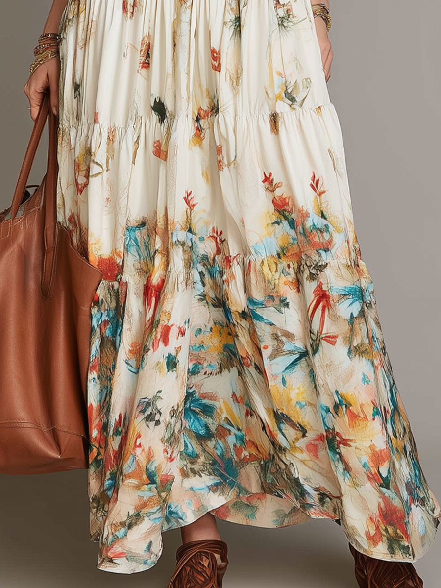 Robe longue étagée en tissu doux à imprimé floral