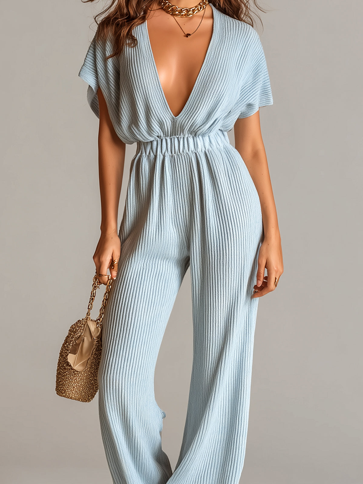 Chic Elegant Light Blue Deep V-Neck Short-Sleeve Elastic Waist Loose-Fit Wide-Leg Ribbed Knit Jumpsuit