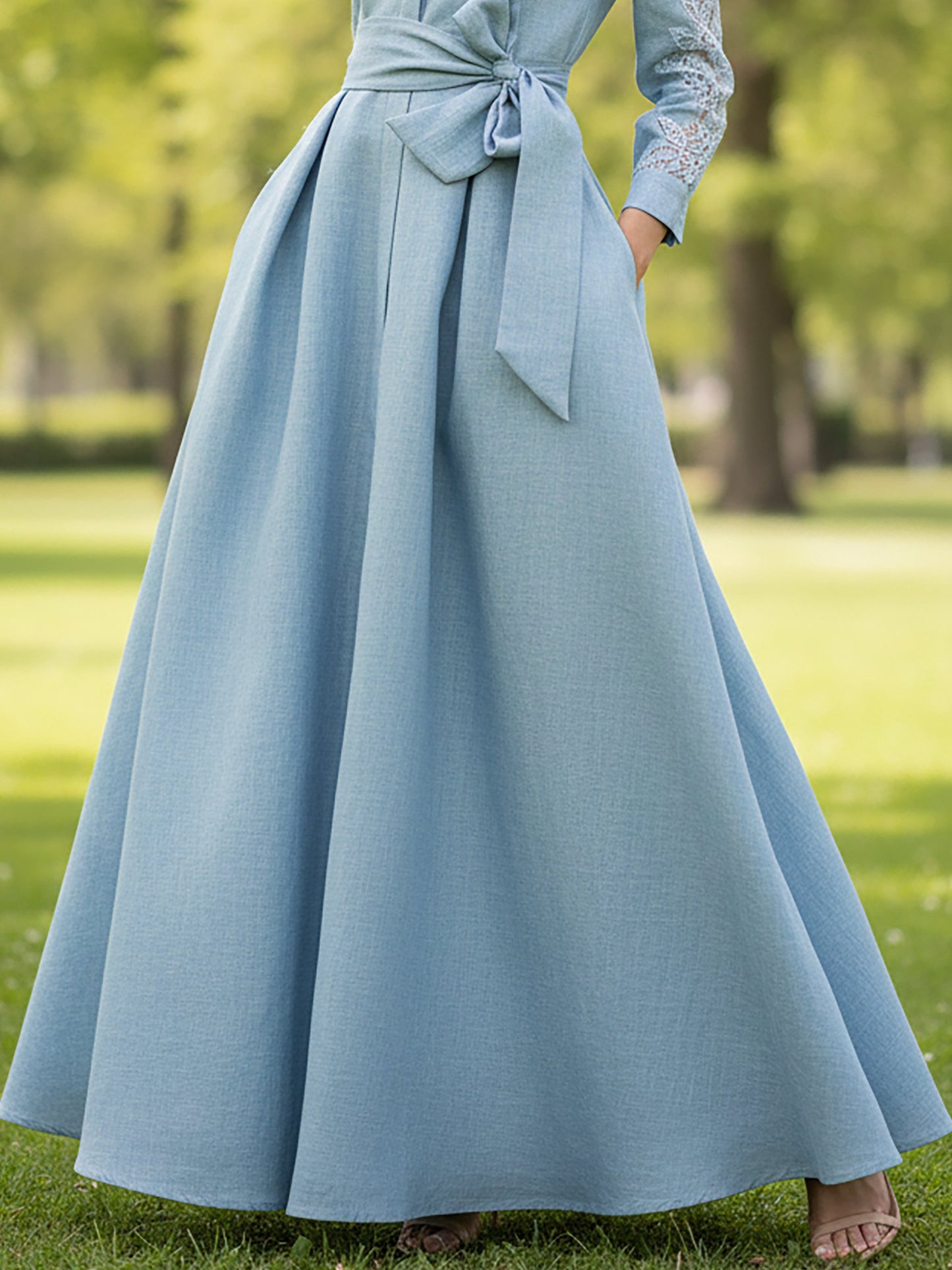 Robe longue en lin, manches longues, col châle, unie, avec ceinture, vintage, bleue
