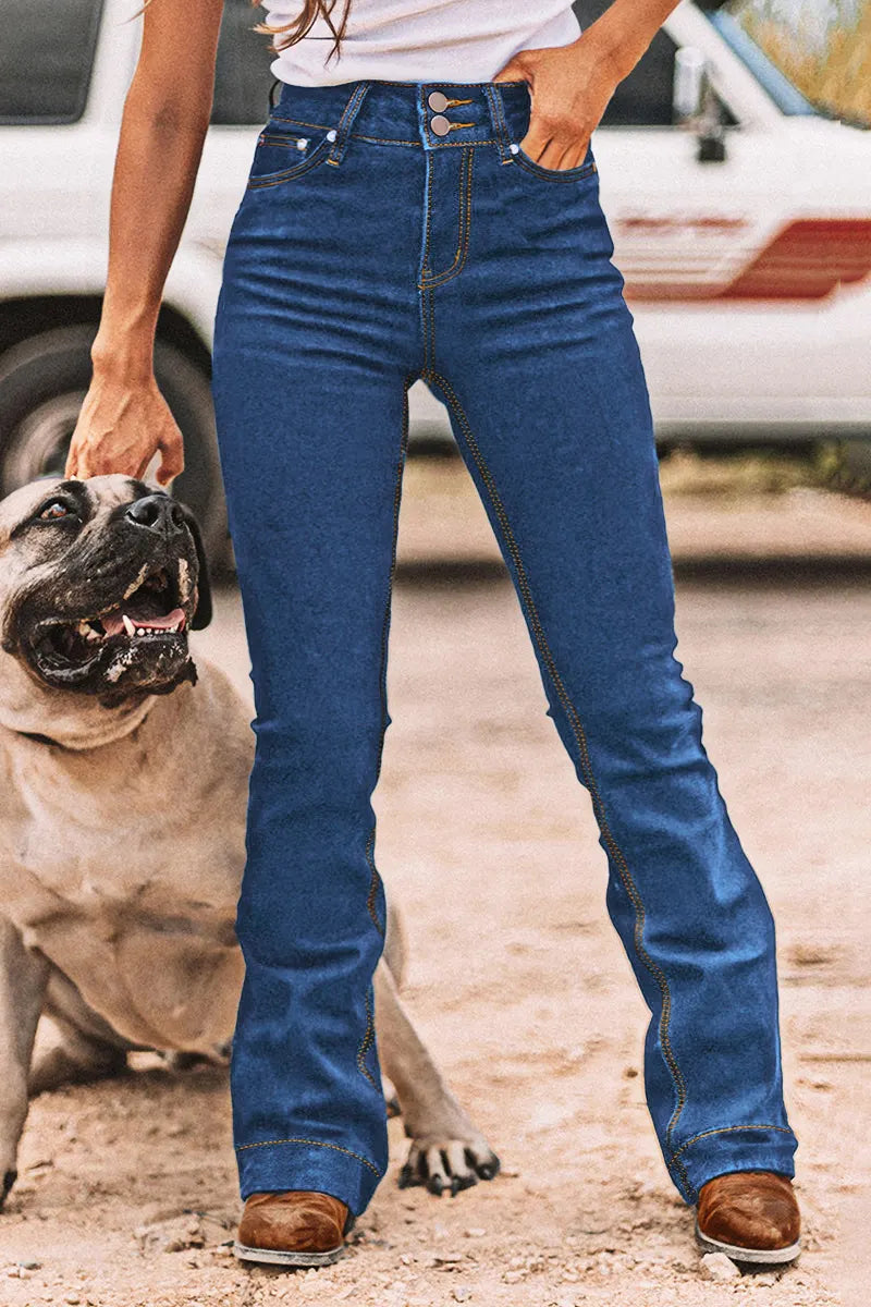 Double Button Stitch Detail High Waist Bootcut Jeans