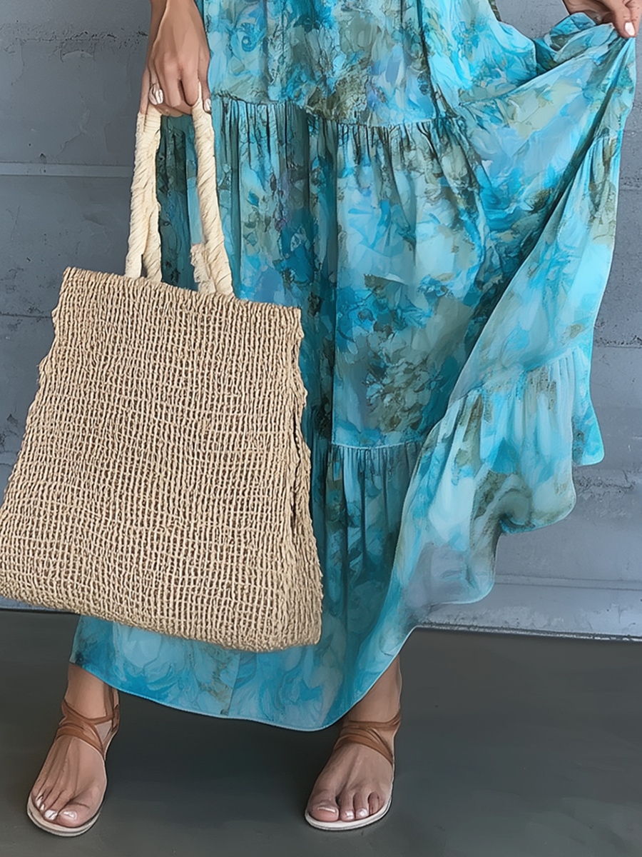 Robe longue à bretelles fines, imprimé floral turquoise éclatant, à plusieurs niveaux