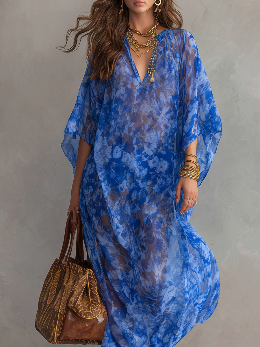 Robe longue fluide style bohème à imprimé floral bleu