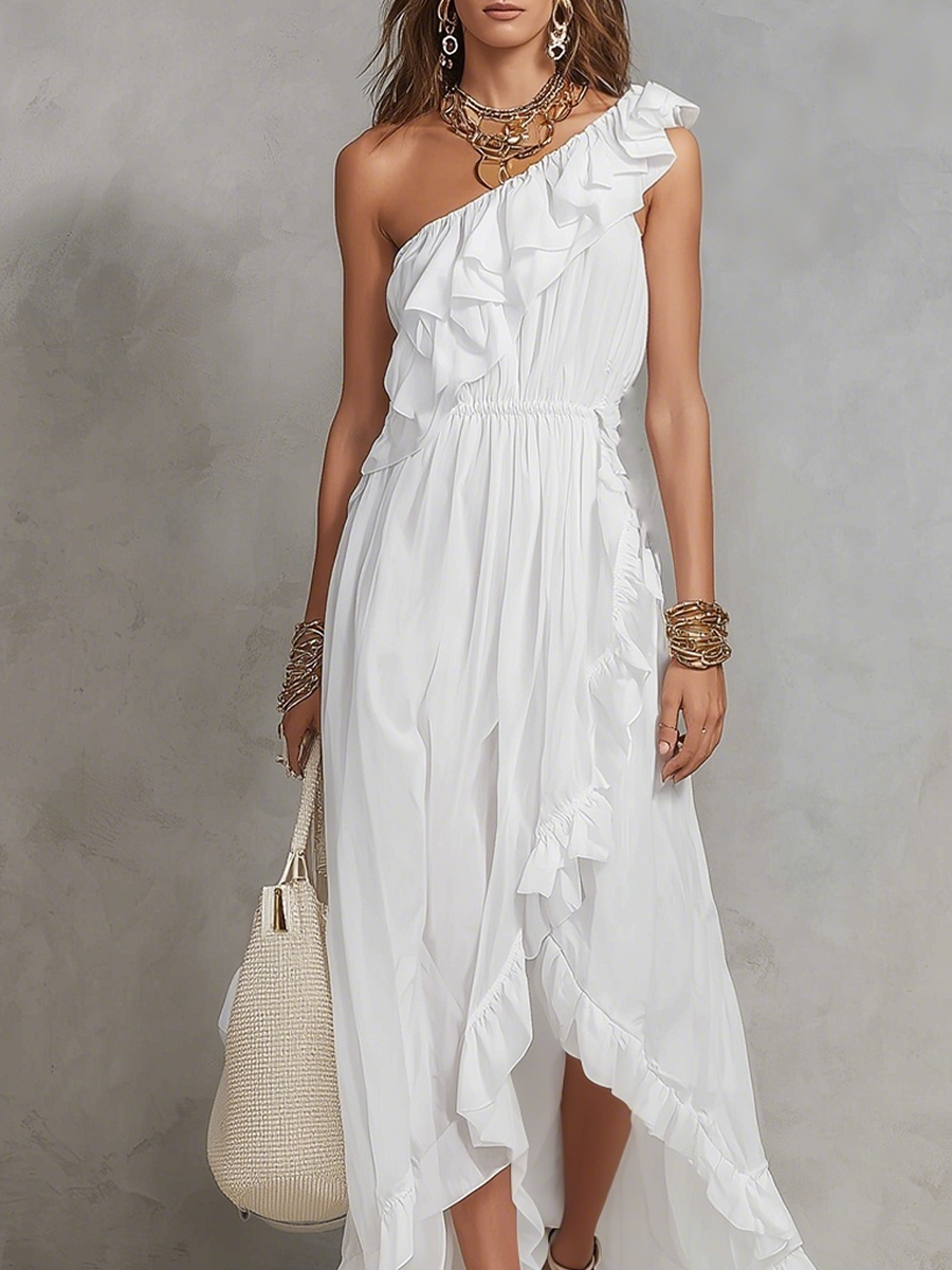 Robe longue bohémienne à volants et une épaule de couleur blanche