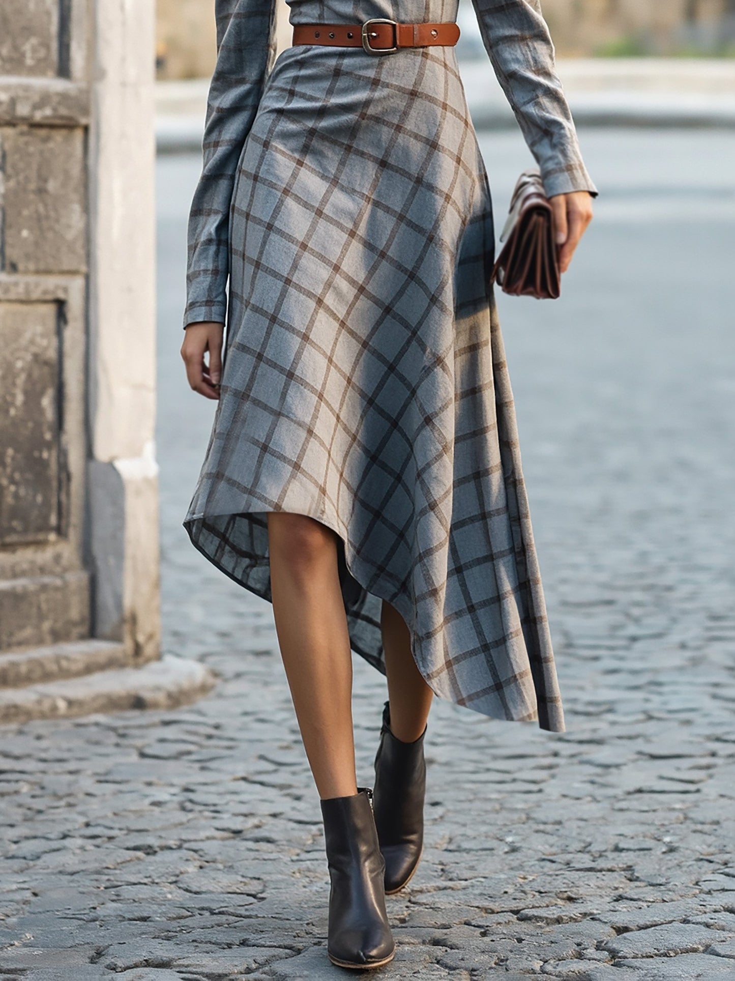 Robe midi en lin, manches longues, col montant, à carreaux, ceinture, vintage, gris