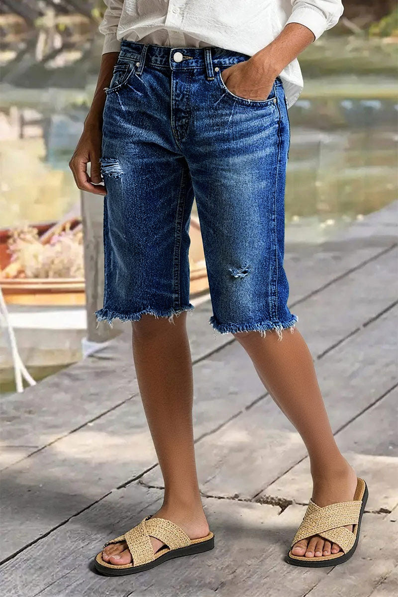 Raw Hem Ripped High Waist Denim Bermuda Shorts