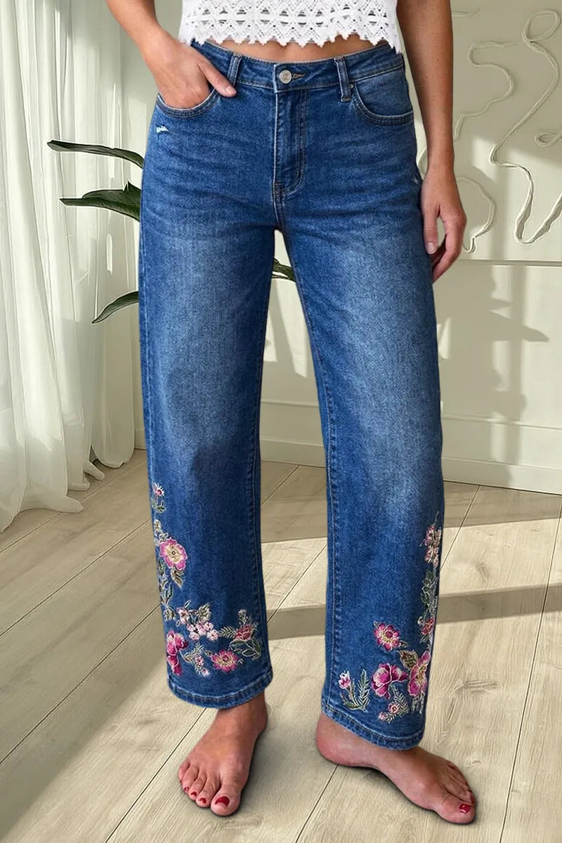 Wash Floral Embroidery Mid Rise Straight Leg Jeans