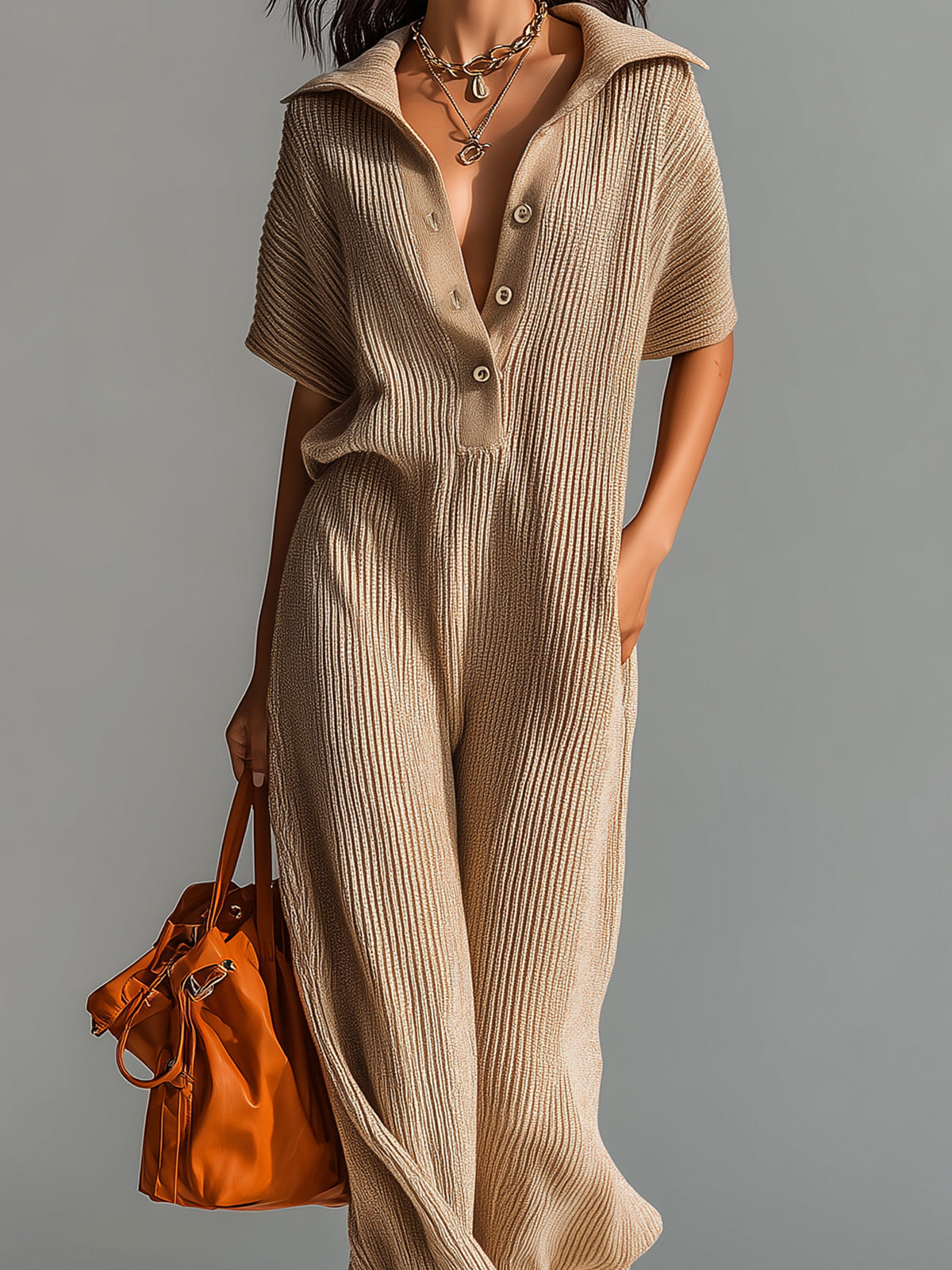 Chic Elegant Camel Lapel Button-Up V-Neck Short-Sleeve Loose-Fit Lantern Pants Ribbed Knit Jumpsuit
