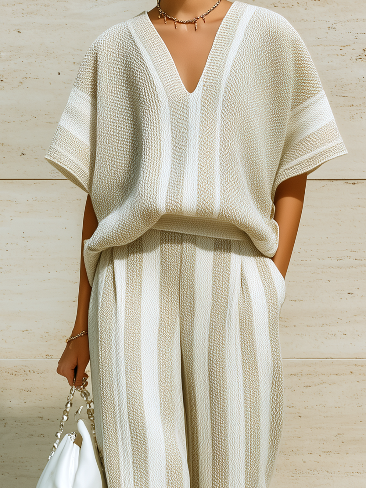 Chic Casual White-Beige Striped V-Neck Short-Sleeve Loose Sweater Wide-Leg Pants Knit Two-Piece Set
