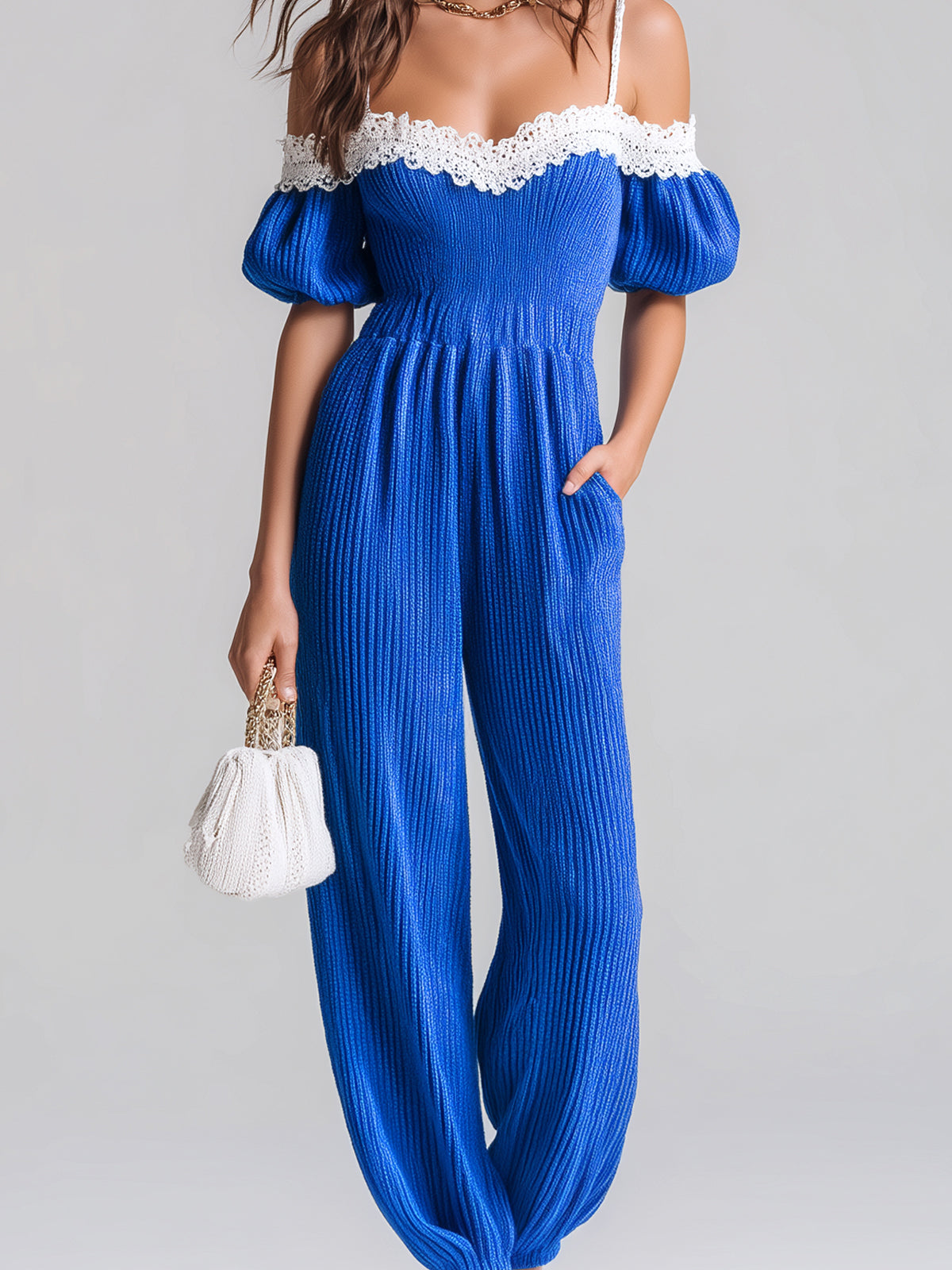 Chic Elegant Royal Blue Off-The-Shoulder Short-Sleeve Lace Details Elastic Waist Loose-Fit Knit Harem Jumpsuit