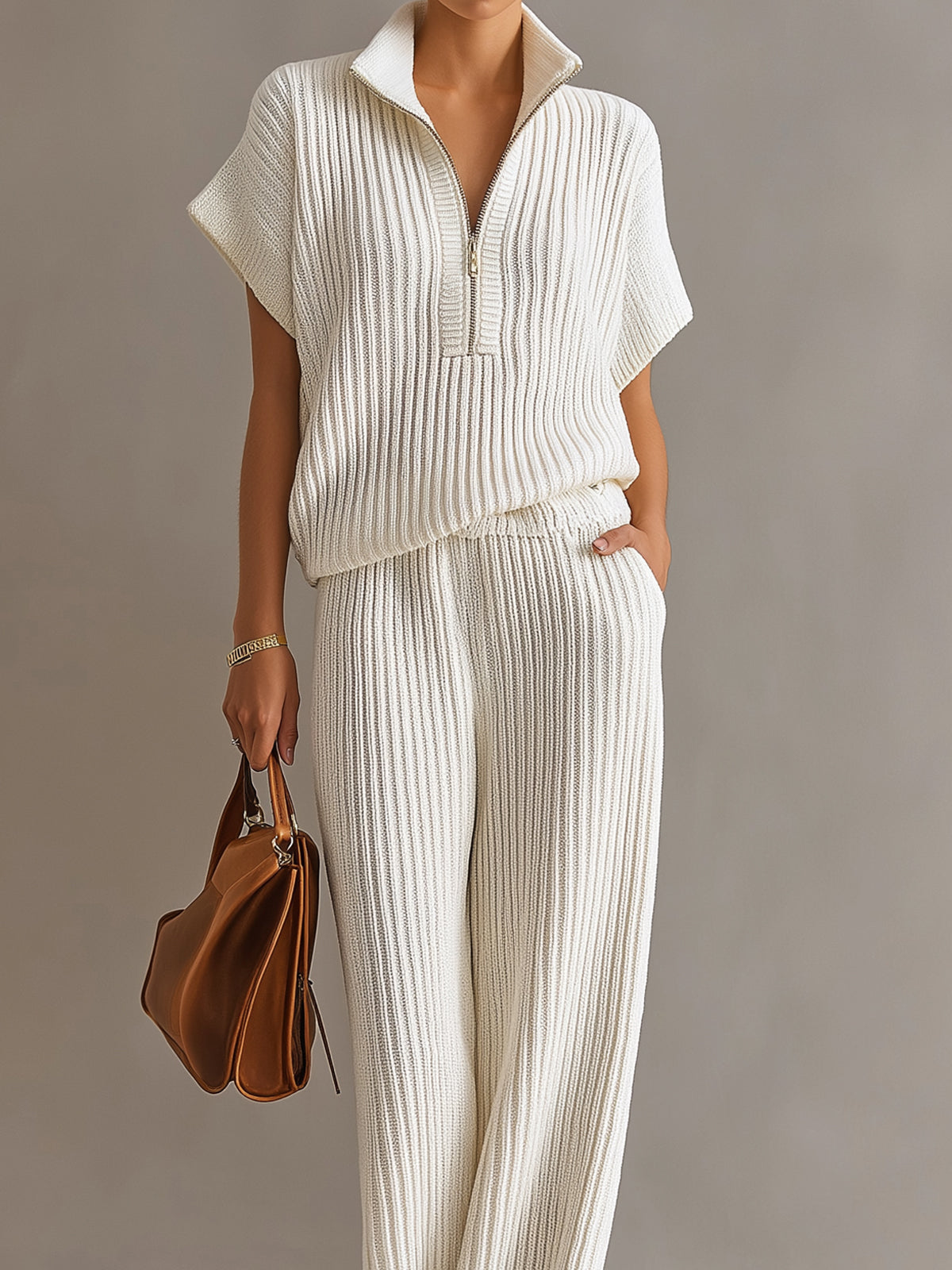 Chic Elegant Cream White Zipper-Up Stand Collar Oversize Short-Sleeve Sweater Wide-Leg Pants Ribbed Knit Two-Piece Set