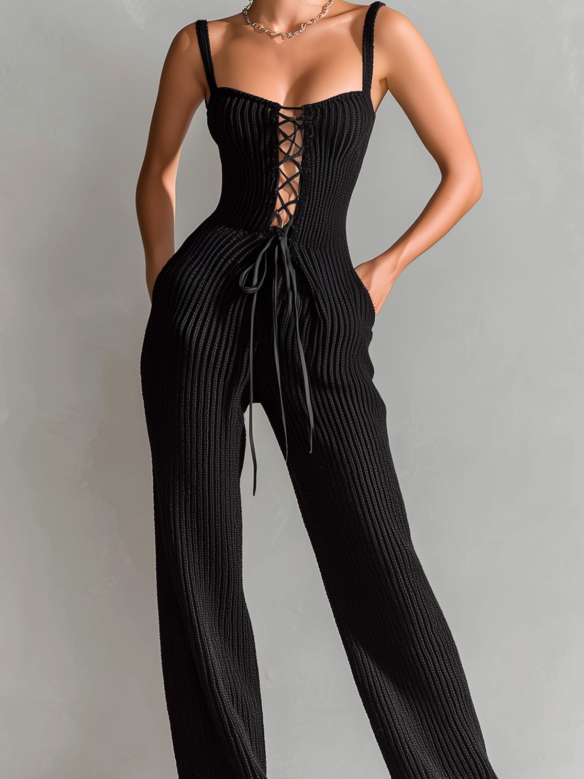 Chic Elegant Black Square Neck Sleeveless Lace-Up Details Tailored Waist Wide-Leg Ribbed Knit Jumpsuit