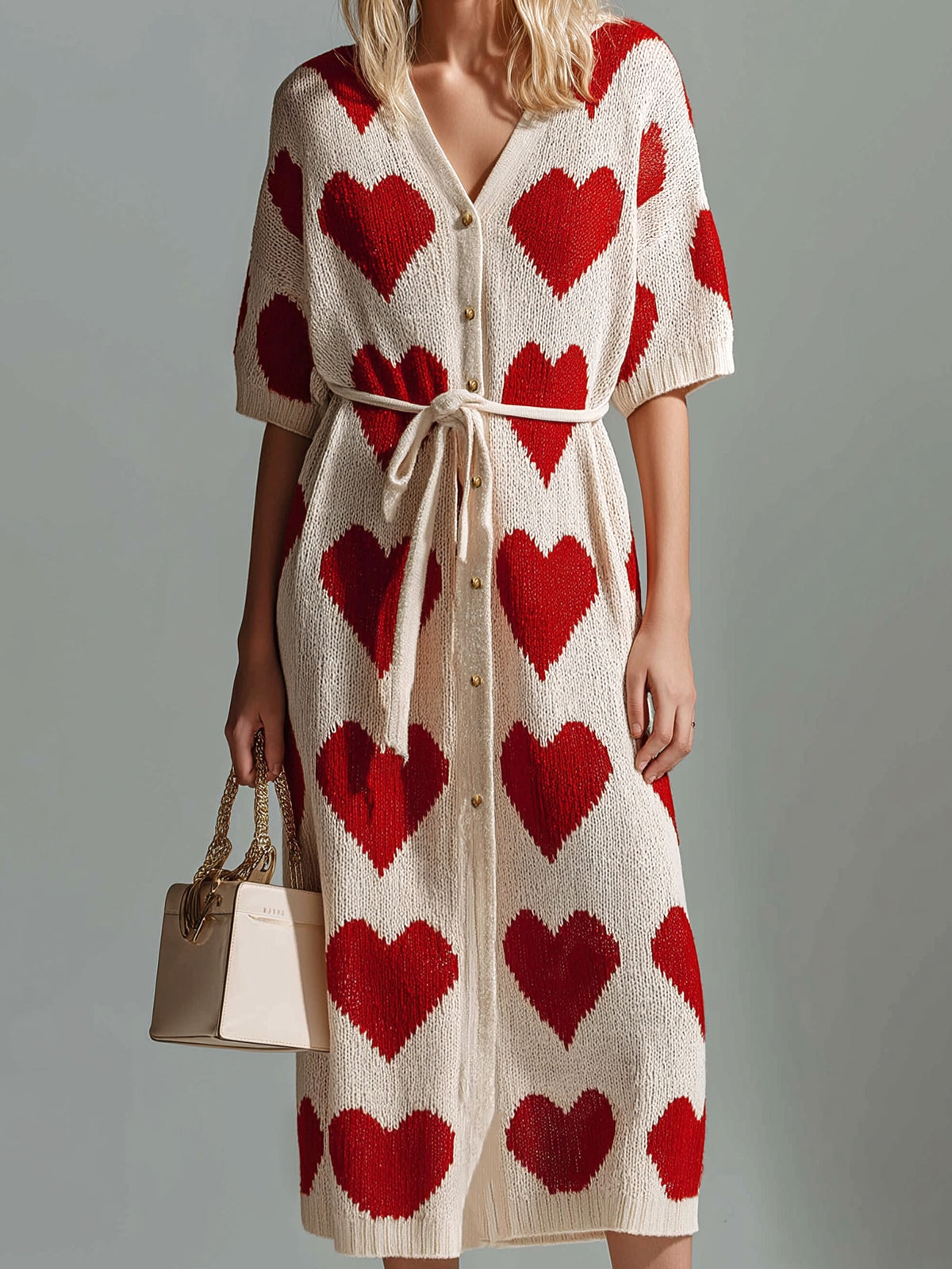 Chic Elegant Red-Beige Heart Pattern V-Neck Single-Breasted Short-Sleeve Loose-Fit Tie-Waist Knit Midi Dress